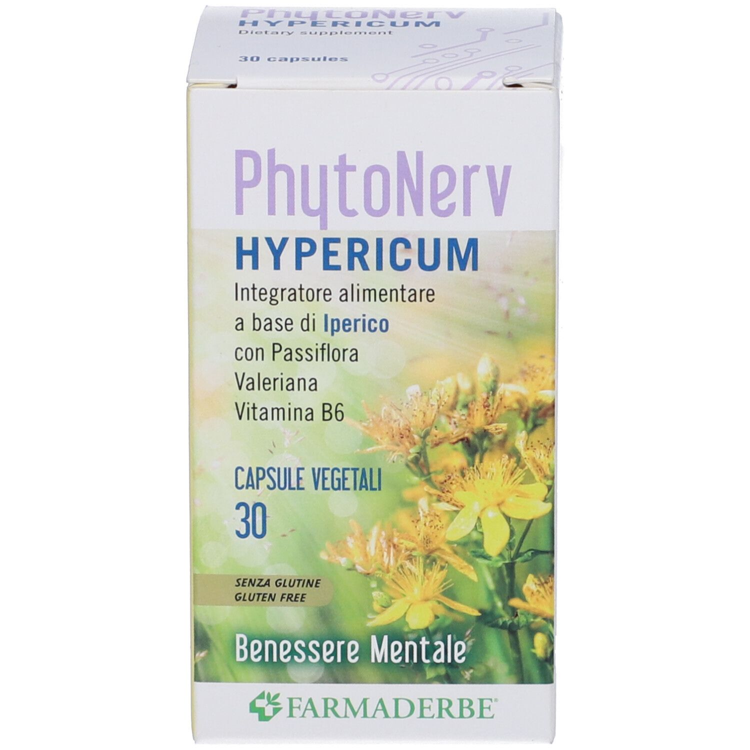 Confezione del prodotto. Scritta: Phytonerv Hypericum, 30 capsule. Senza glutine. Marchio: Farmaderbe.