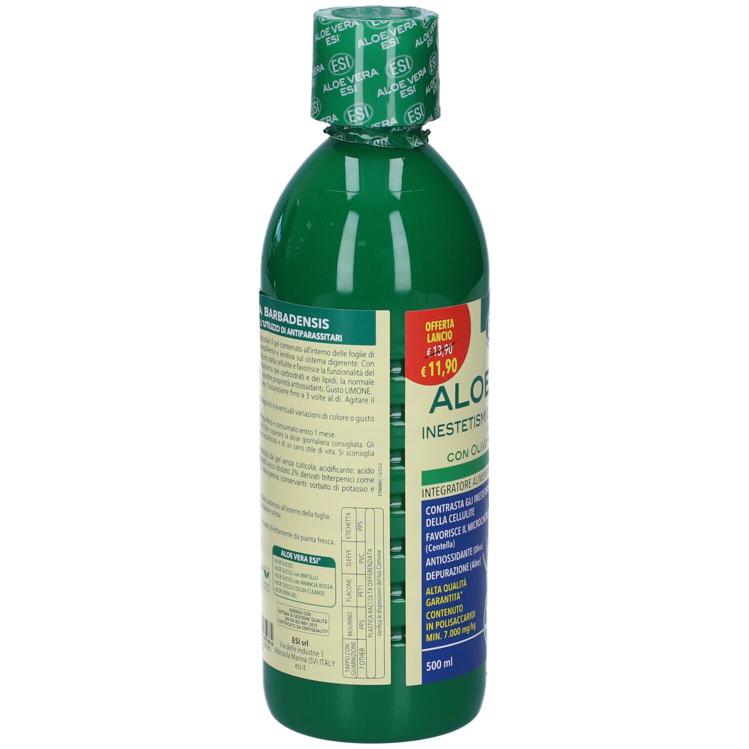 Retro della bottiglia verde ESI Aloe Vera con Olivo Mediterraneo. Informazioni testuali e nutrizionali sull'etichetta.