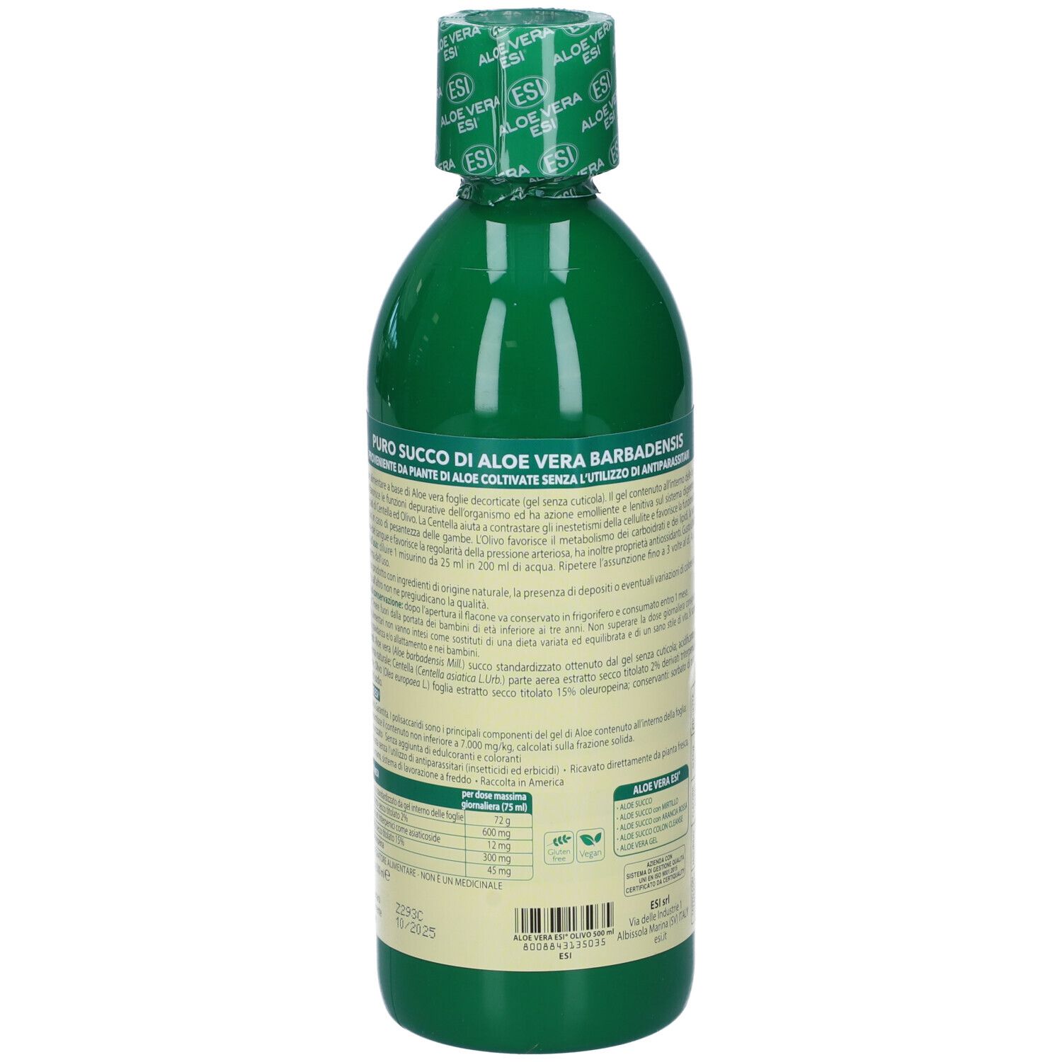 Retro della bottiglia verde ESI Aloe Vera con Olivo Mediterraneo. Informazioni testuali e nutrizionali sull'etichetta.