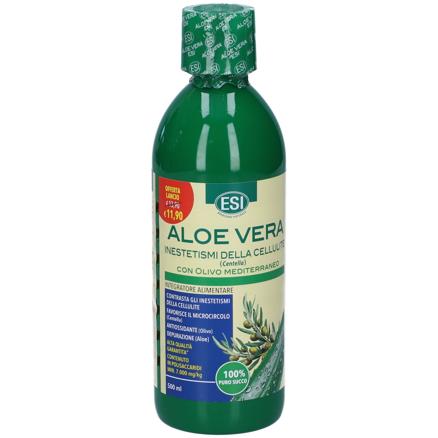 Bottiglia verde ESI Aloe Vera con Olivo Mediterraneo. Etichetta con nome prodotto, illustrazione di ulivo e prezzo.