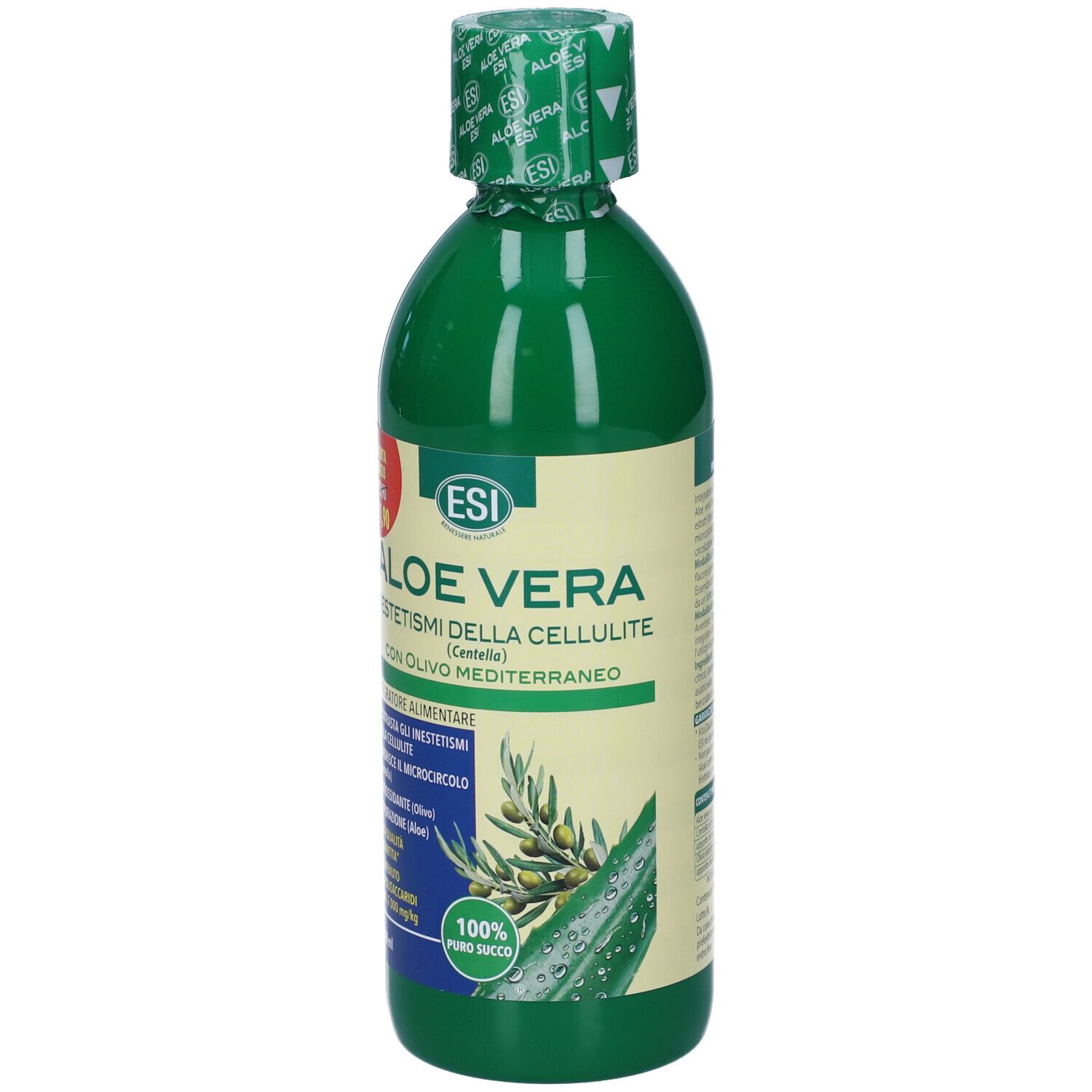 Bottiglia verde ESI Aloe Vera con Olivo Mediterraneo. Etichetta con nome prodotto, illustrazione di ulivo e prezzo.