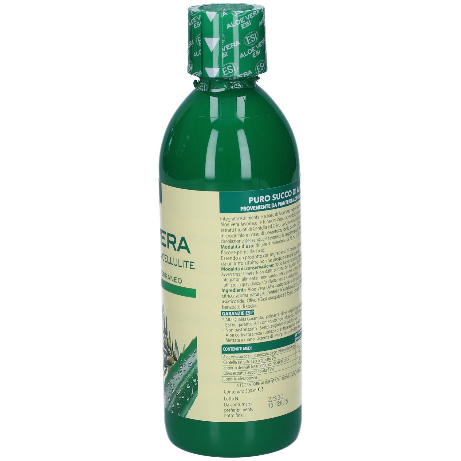 Retro della bottiglia verde ESI Aloe Vera con Olivo Mediterraneo. Informazioni testuali e nutrizionali sull'etichetta.