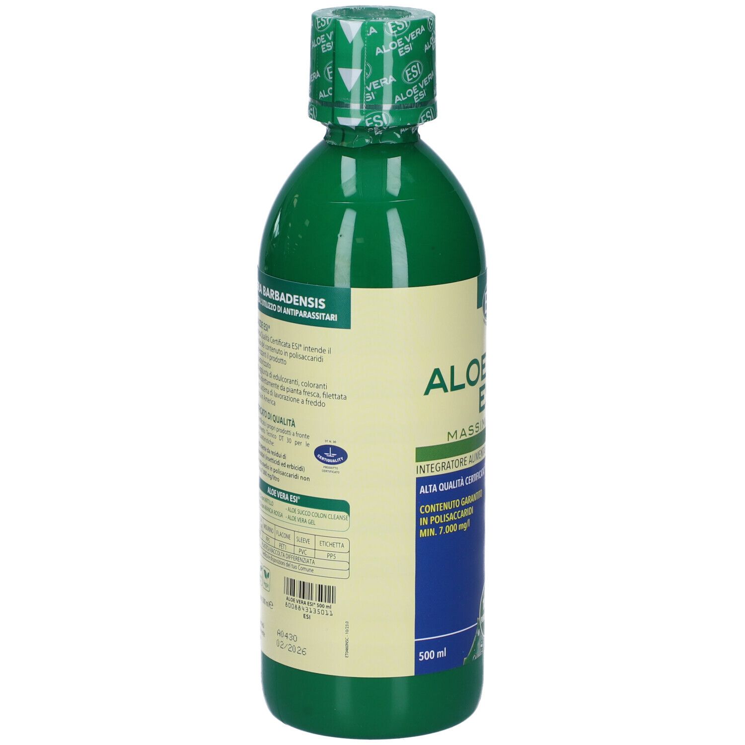 Bottiglia verde ESI Aloe Vera. Retro con testo e informazioni. 500 ml. Logo di certificazione.