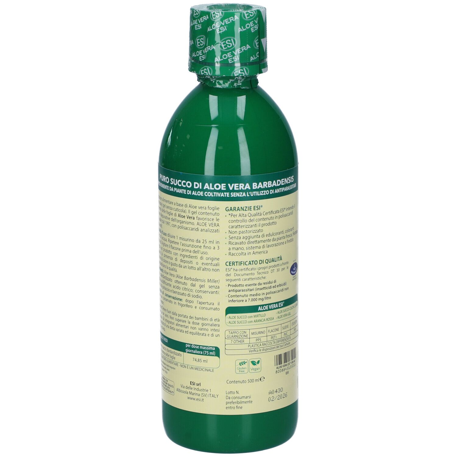 Bottiglia verde ESI Aloe Vera. Retro con testo e informazioni. 500 ml. Logo di certificazione.