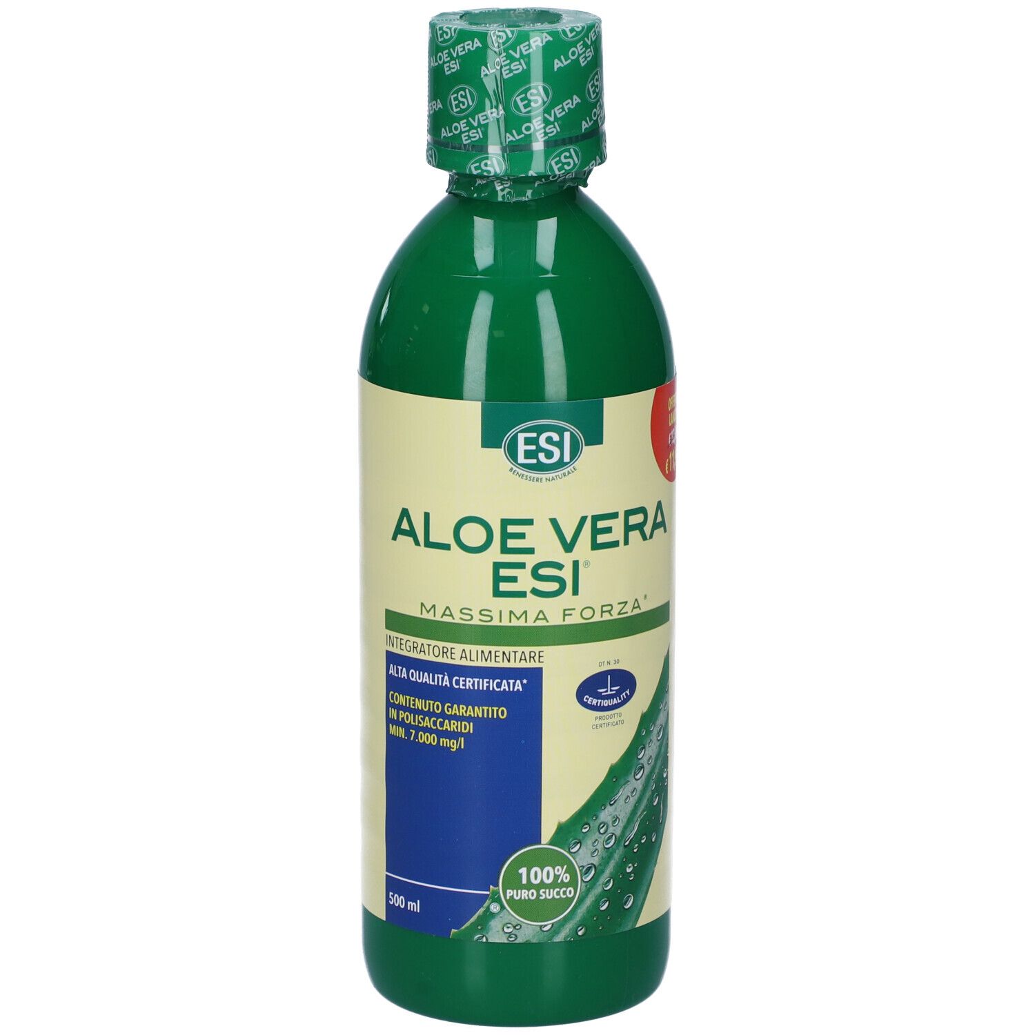 Bottiglia verde ESI Aloe Vera. Scritta: Massima Forza, 100% puro succo. Logo di certificazione.