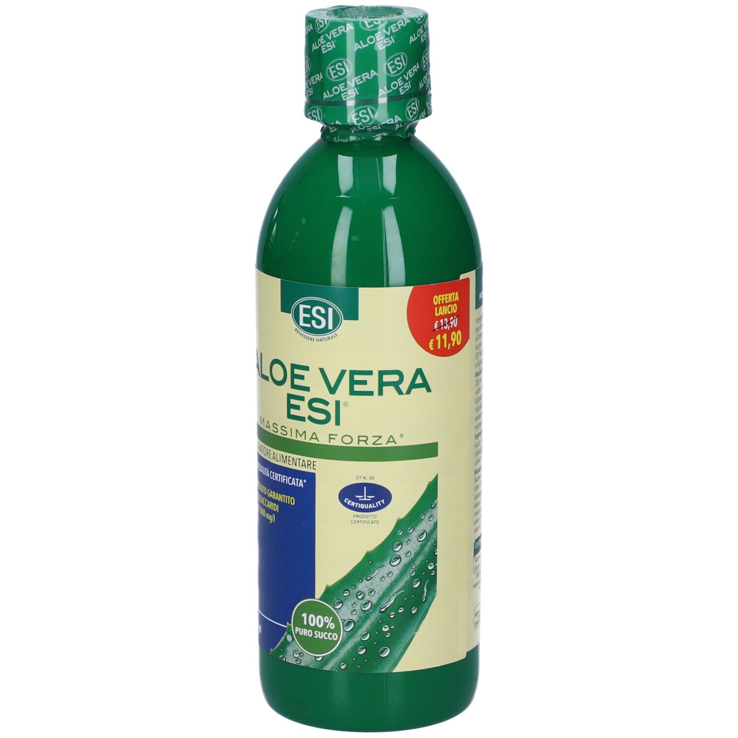 Bottiglia verde ESI Aloe Vera. Scritta: Massima Forza, 100% puro succo. Etichetta prezzo.