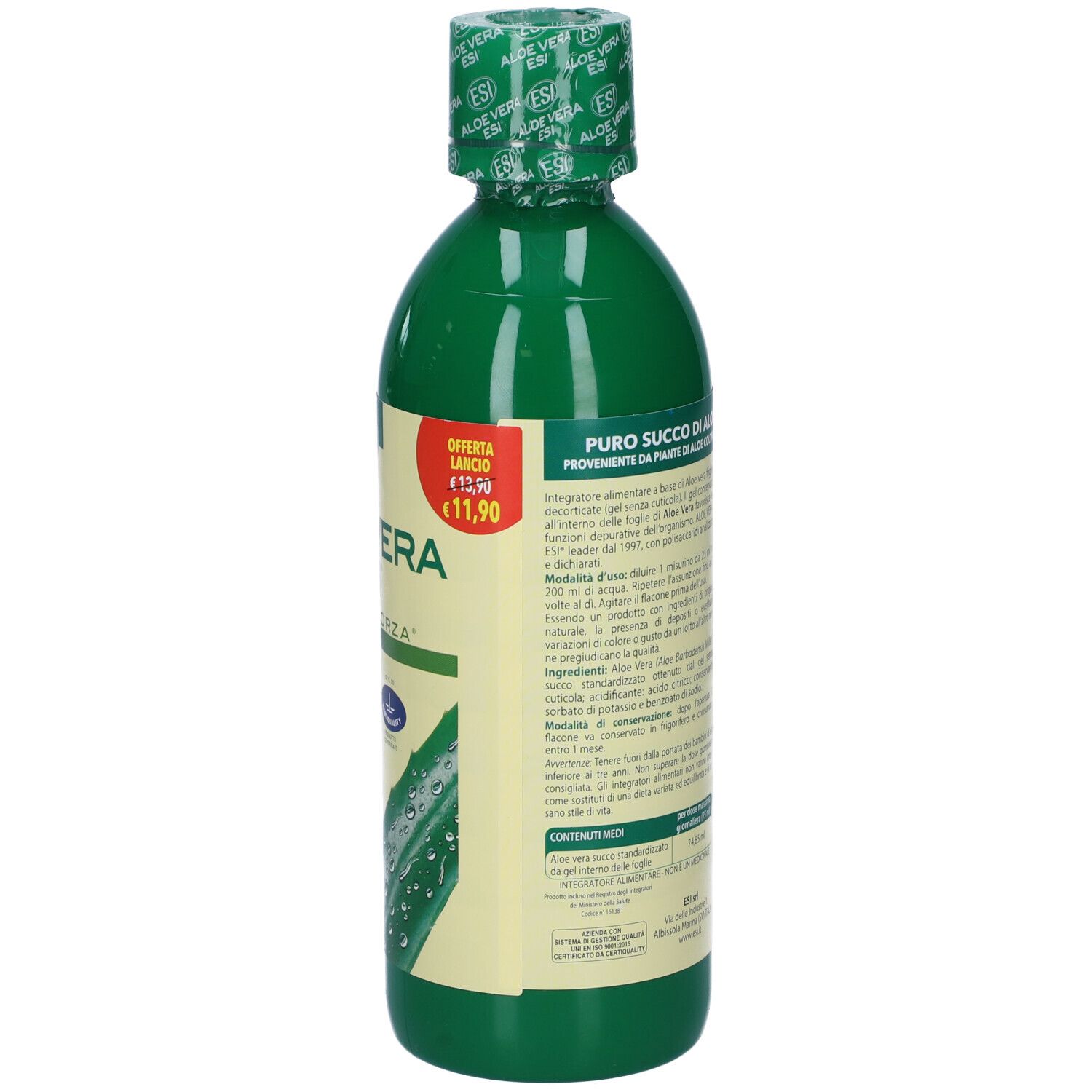 Bottiglia verde ESI Aloe Vera. Retro con testo e informazioni. Etichetta prezzo. 500 ml.