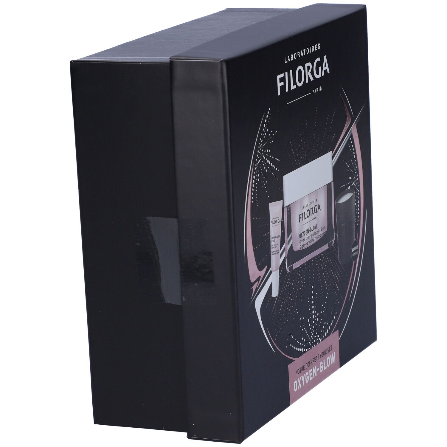 Confezione regalo nera inclinata. Contiene prodotti cosmetici. Marca: Filorga. Scritta: Oxygen-Glow.
