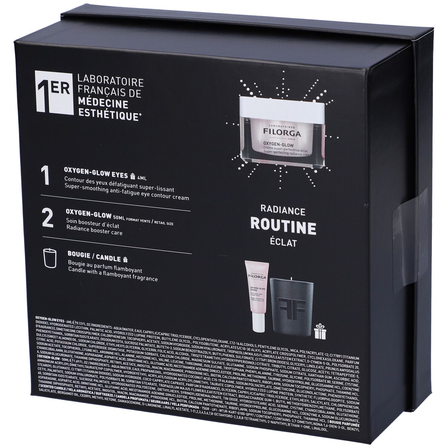 Retro di una confezione regalo nera. Contiene crema, contorno occhi e candela. Marca: Filorga.