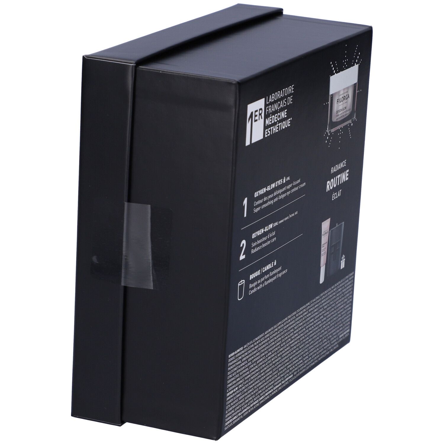 Confezione regalo nera inclinata. Retro con informazioni sul prodotto. Marca: Filorga.