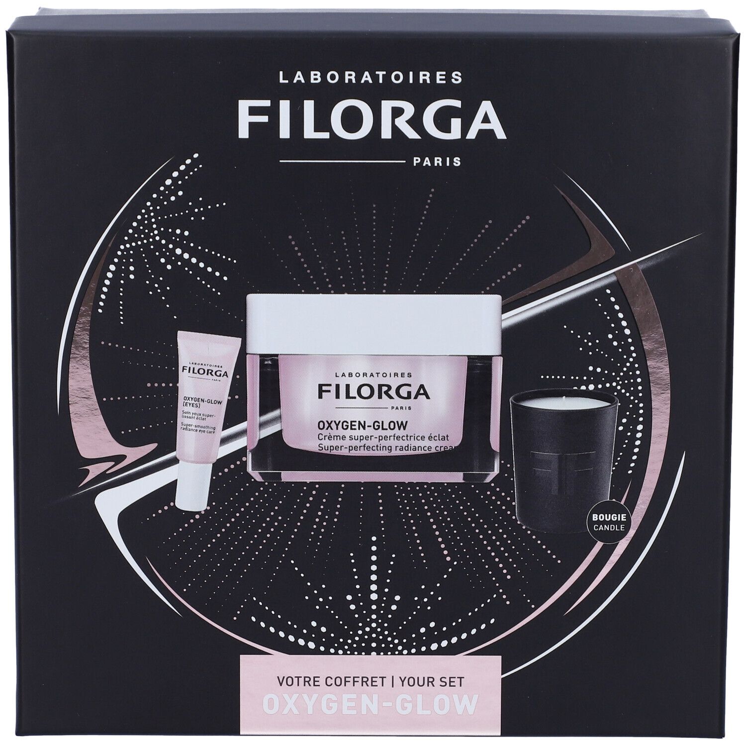 Confezione regalo nera con prodotti cosmetici. Contiene crema, contorno occhi e candela. Marca: Filorga.