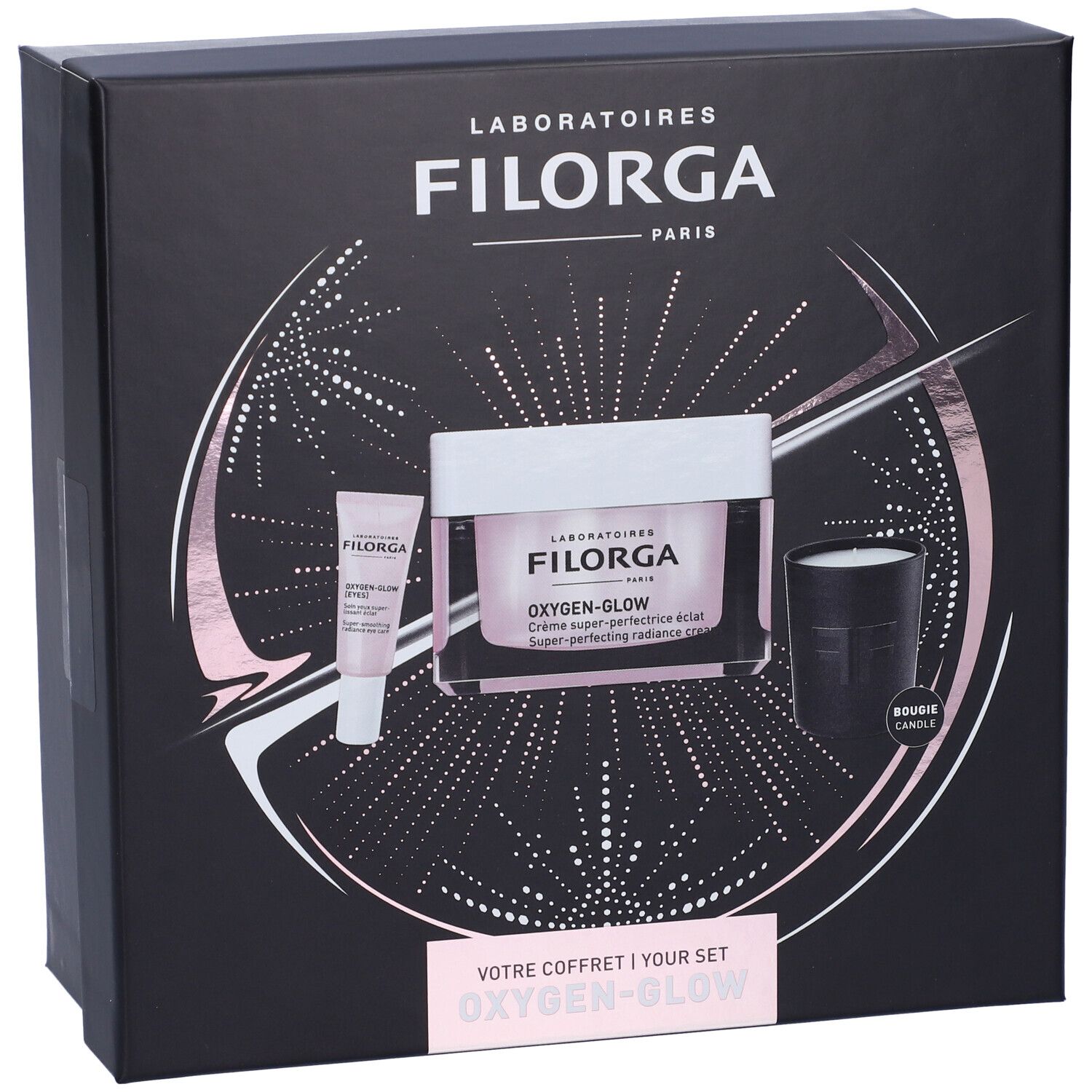 Confezione regalo nera con prodotti cosmetici. Contiene crema, contorno occhi e candela. Marca: Filorga.