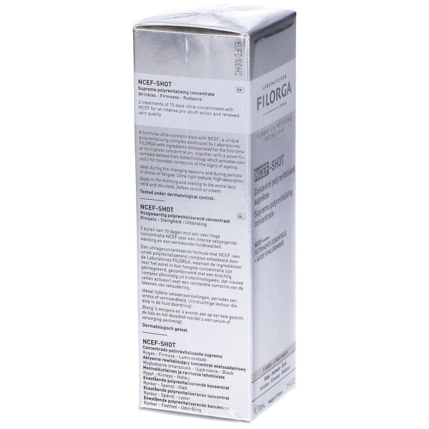 Retro della scatola Filorga NCEF-Shot. Testo multilingue, informazioni e ingredienti del prodotto.