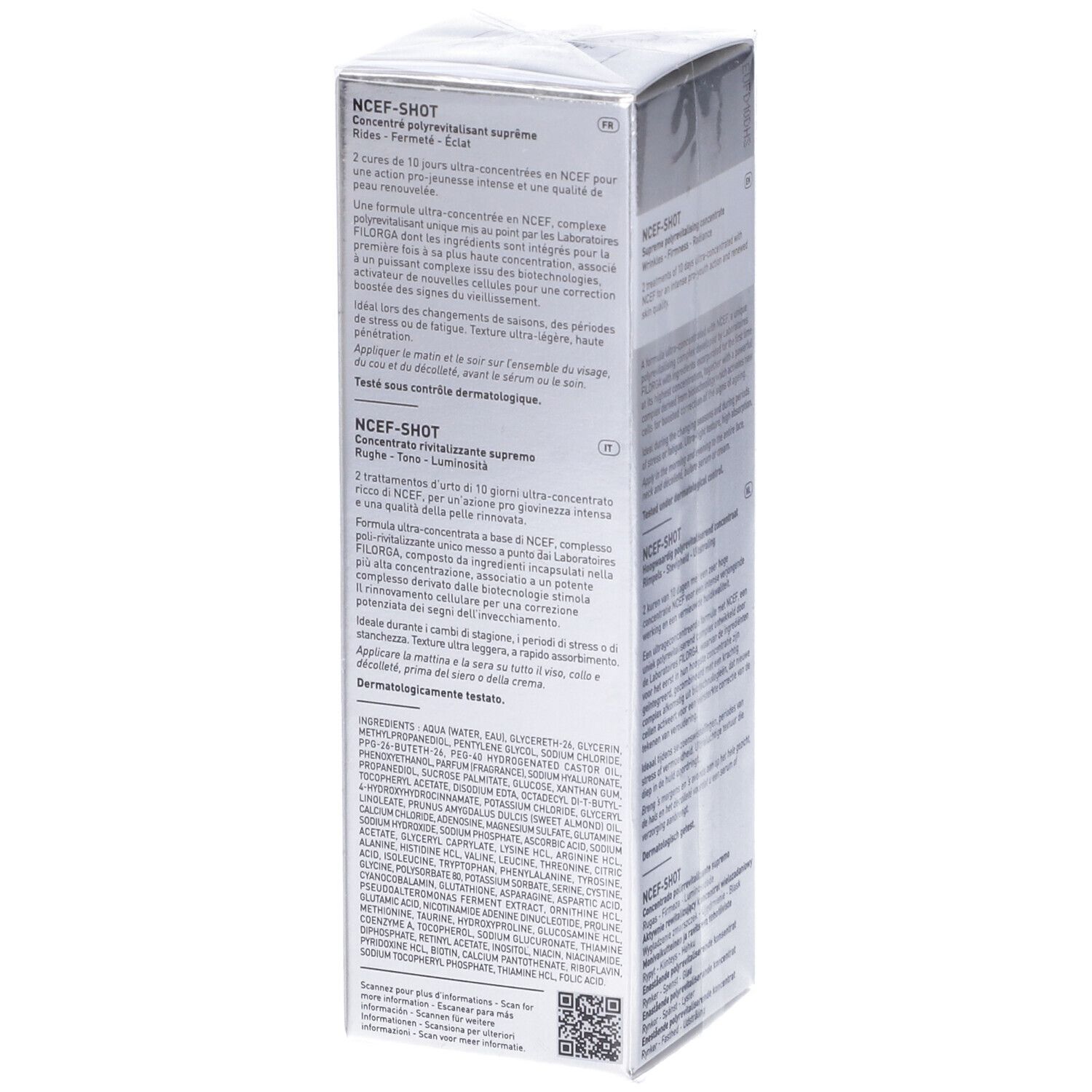 Lato della scatola Filorga NCEF-Shot. Testo multilingue, informazioni e ingredienti del prodotto.