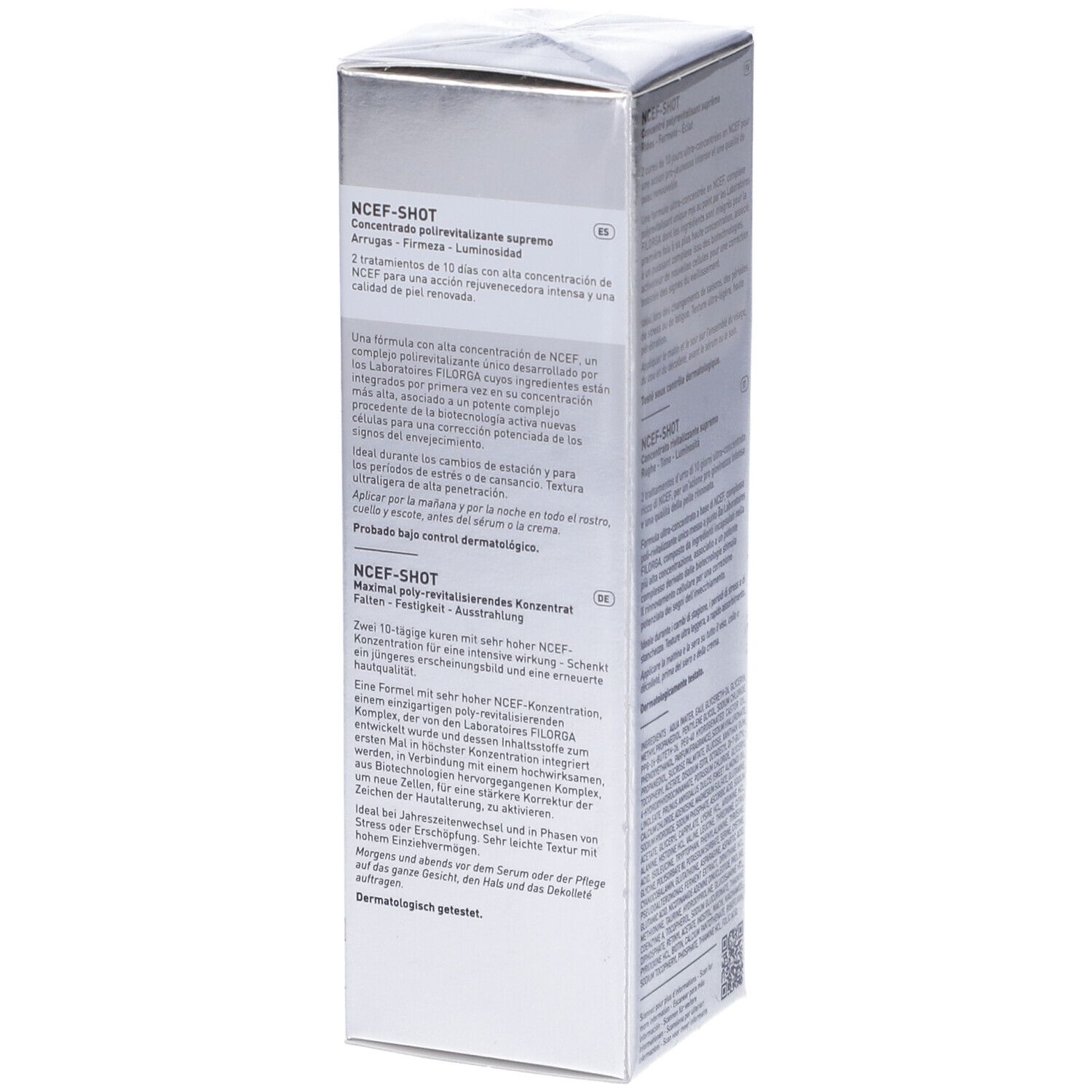 Lato della scatola Filorga NCEF-Shot. Testo multilingue, informazioni e ingredienti del prodotto.