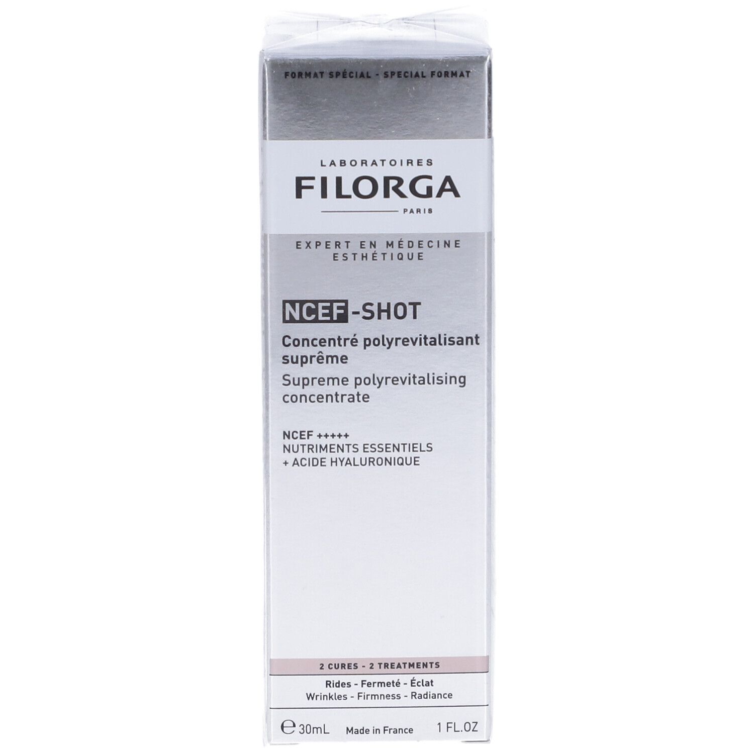 Scatola Filorga NCEF-Shot. Bianca e argento, con nome del prodotto e informazioni. 30ml.