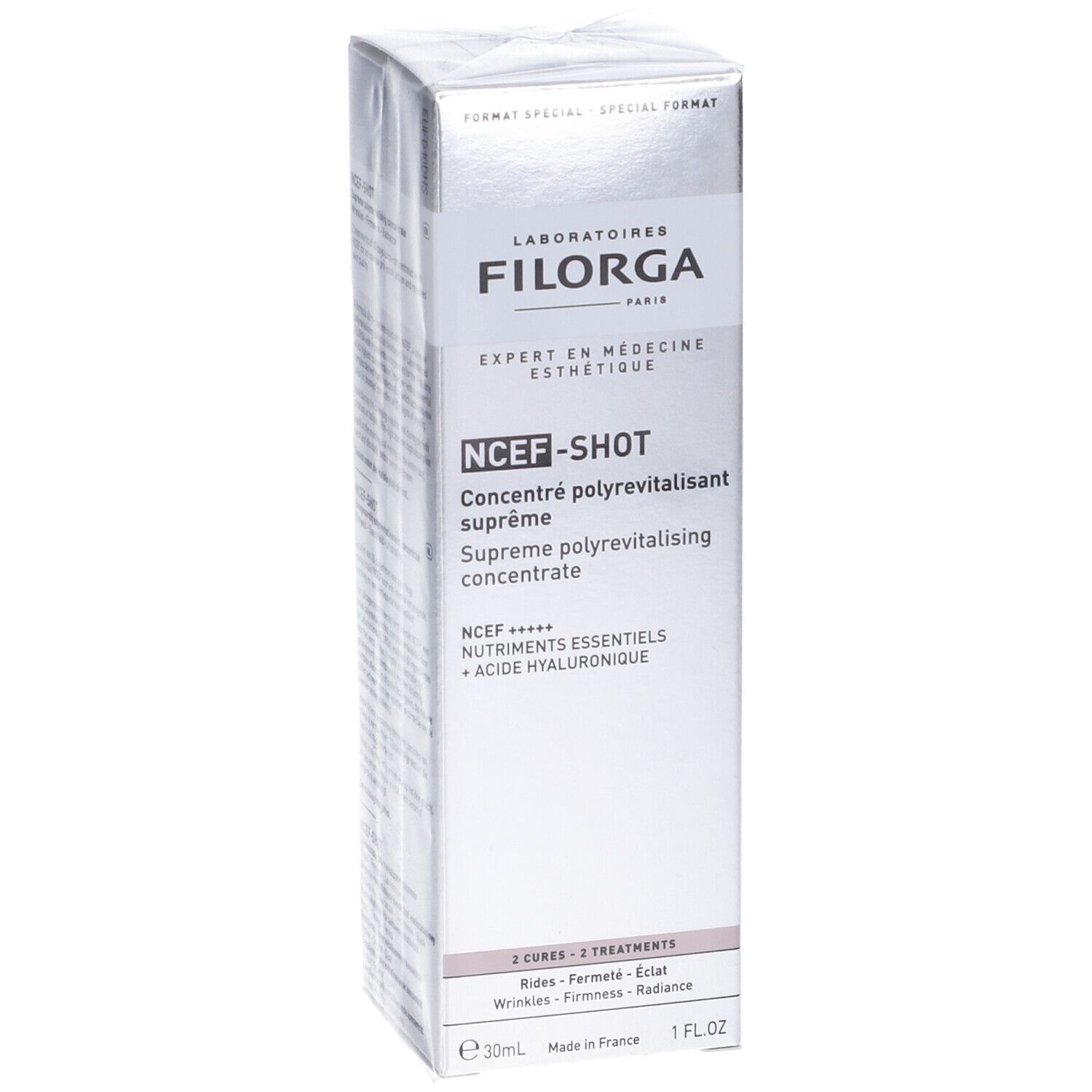 Scatola Filorga NCEF-Shot. Bianca e argento, con nome del prodotto e informazioni. 30ml.