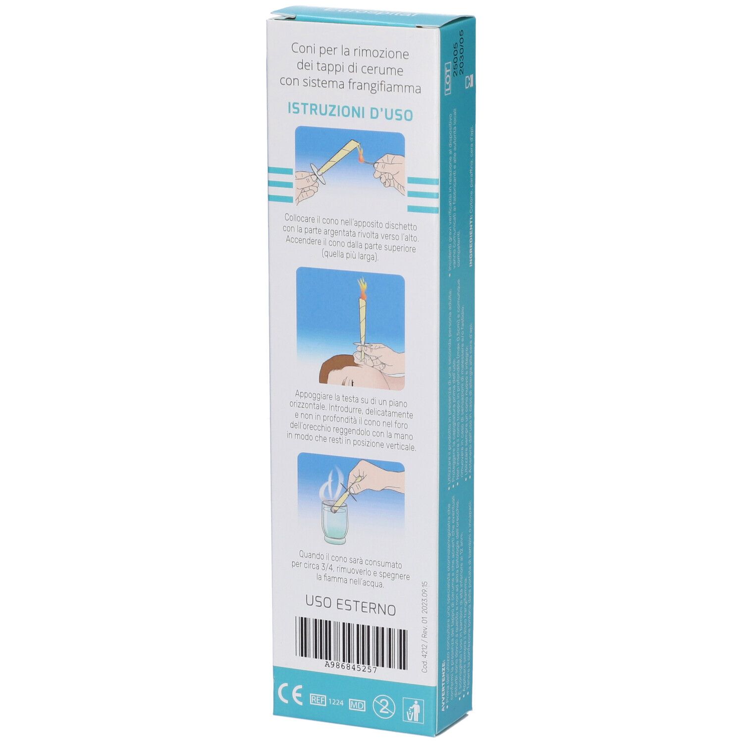 Retro della confezione EUROSPITAL CONO AURICOLARE. Istruzioni per l'uso con illustrazioni. USO ESTERNO.