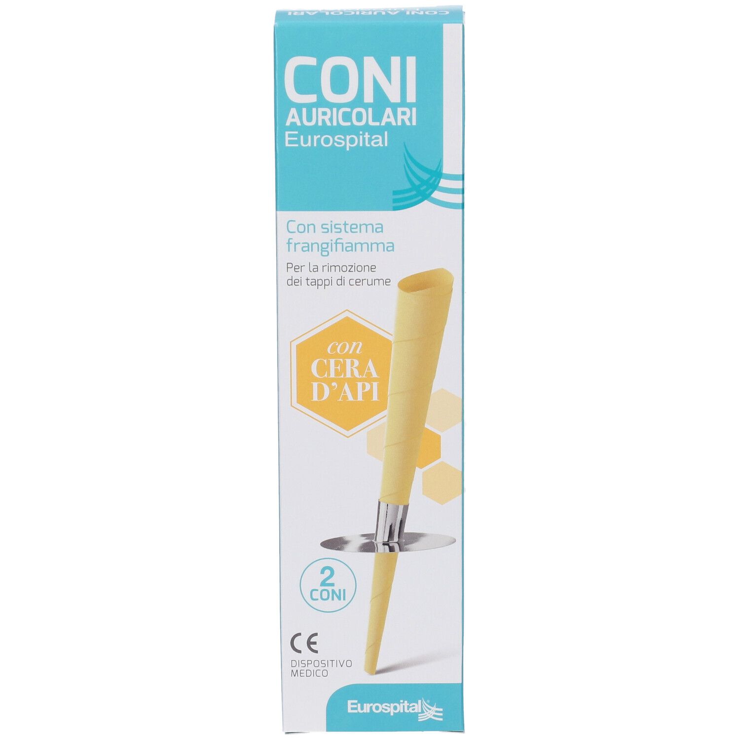 Confezione di EUROSPITAL CONO AURICOLARE. Mostra una candela auricolare e informazioni sul prodotto. Contiene 2 pezzi. Marchio CE.