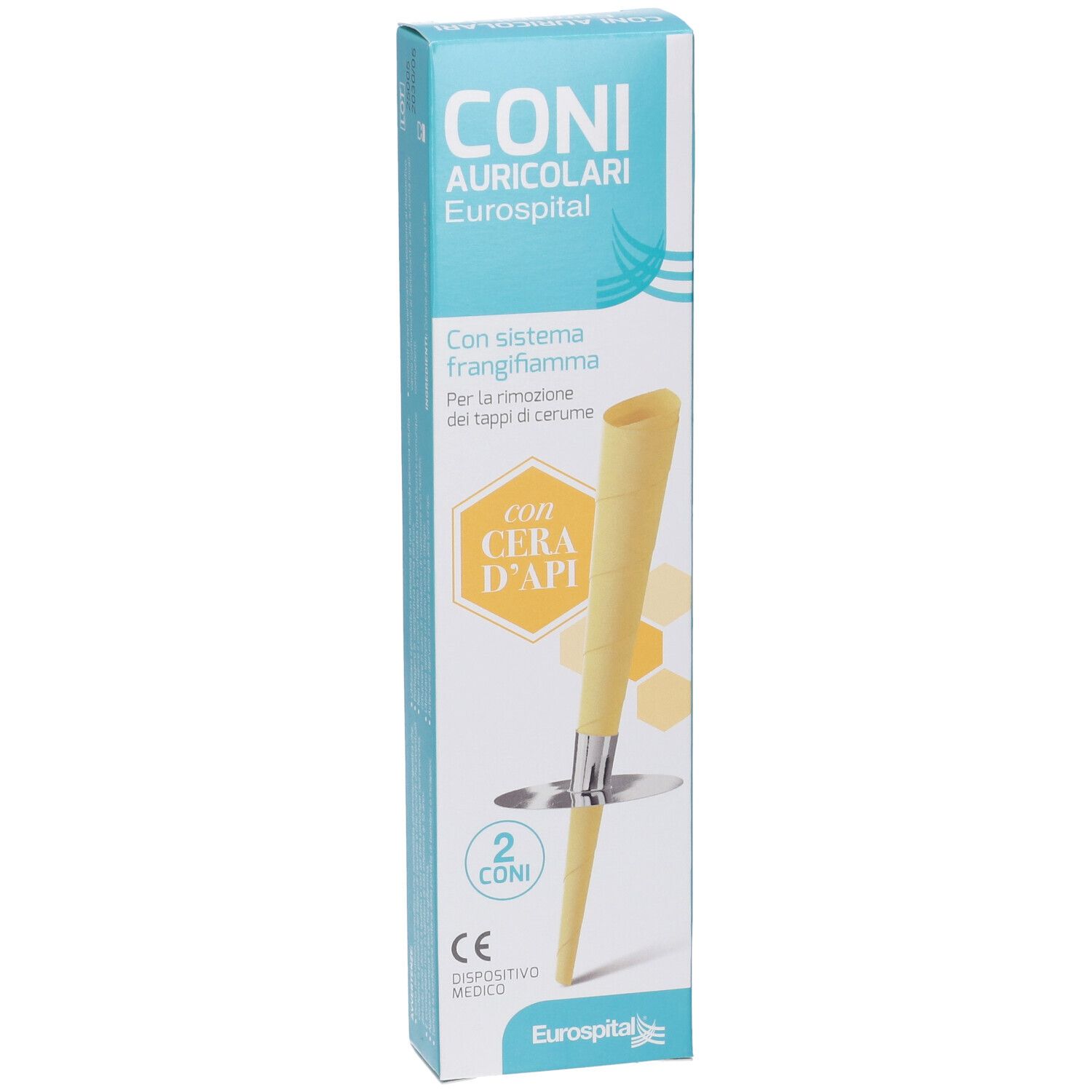 Confezione di EUROSPITAL CONO AURICOLARE. Mostra una candela auricolare e informazioni sul prodotto. Contiene 2 pezzi. Marchio CE.