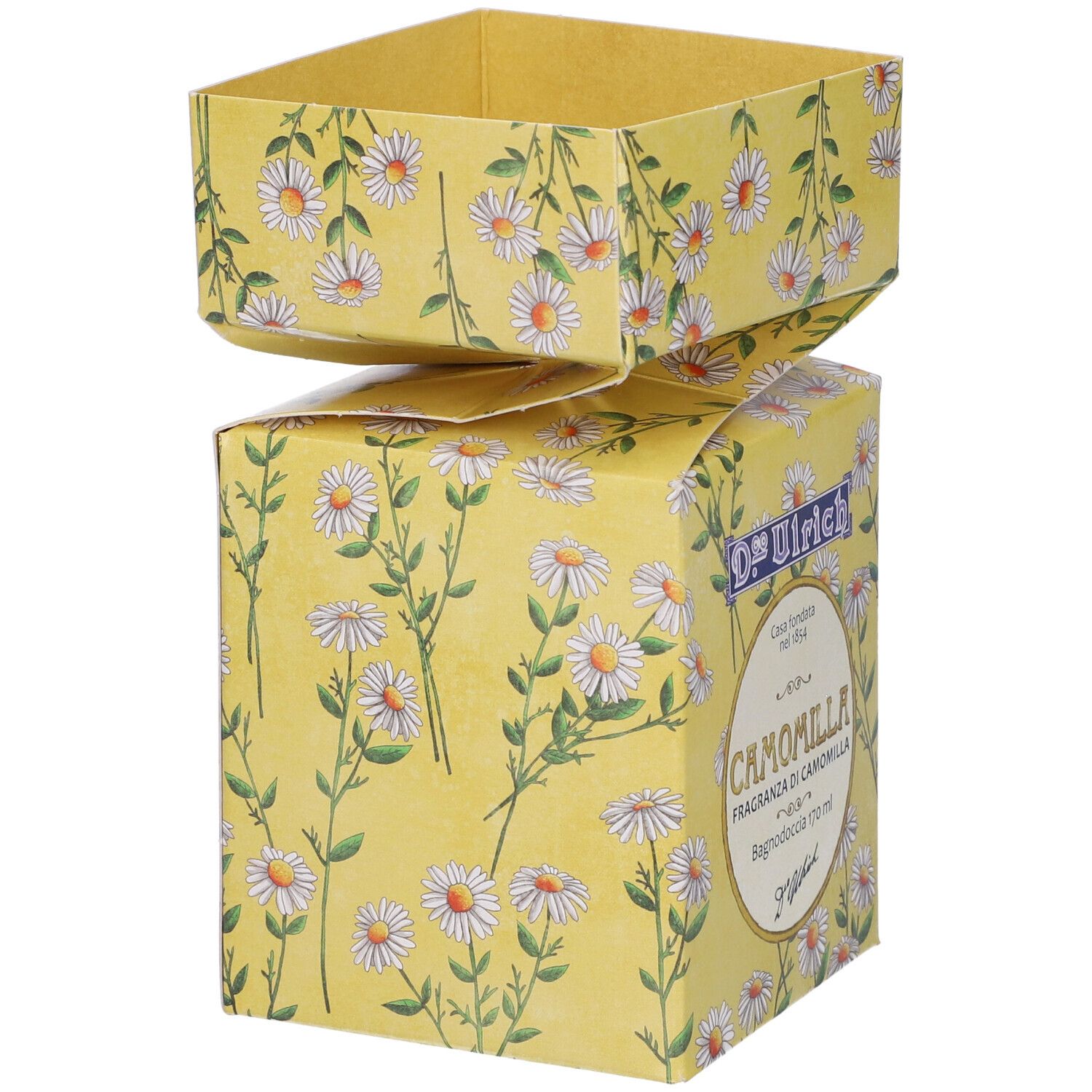 Scatola gialla con motivo floreale di camomilla. Scritta: D. Ulrich, Camomilla, Bagnodoccia. Coperchio aperto.