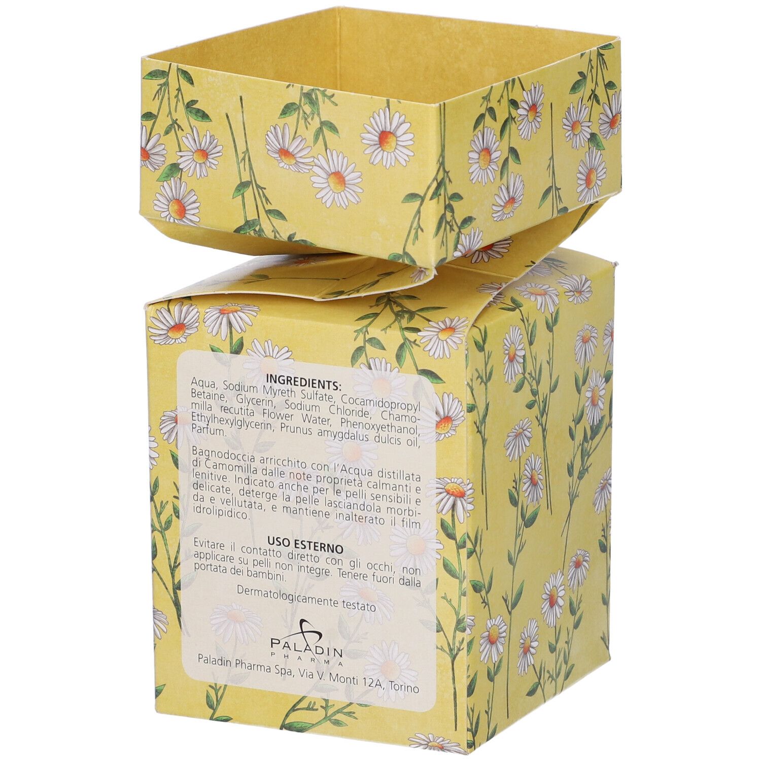 Scatola gialla con motivo floreale di camomilla. Retro con ingredienti e logo Paladin Pharma.