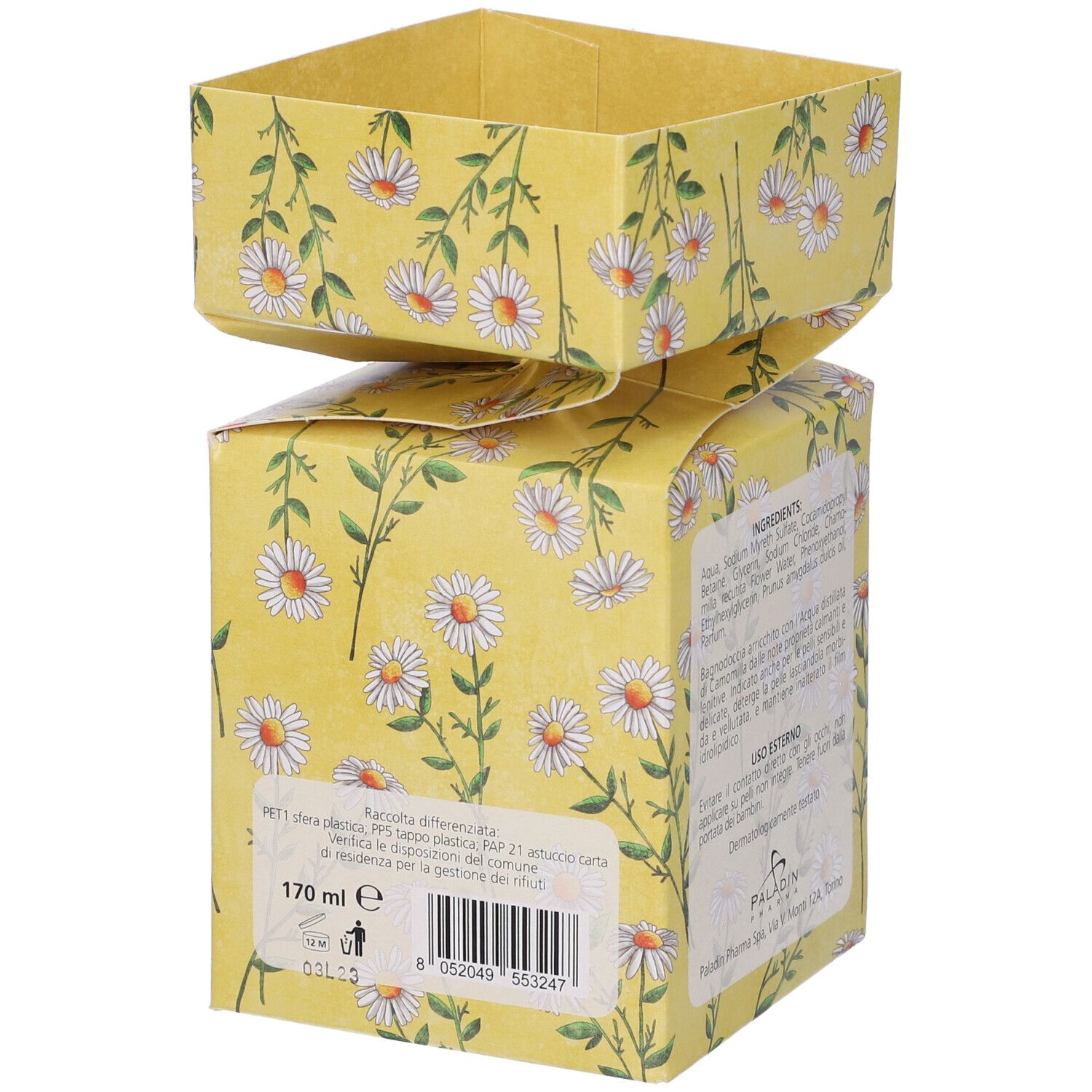 Scatola gialla con motivo floreale di camomilla. Retro con ingredienti e logo Paladin Pharma.
