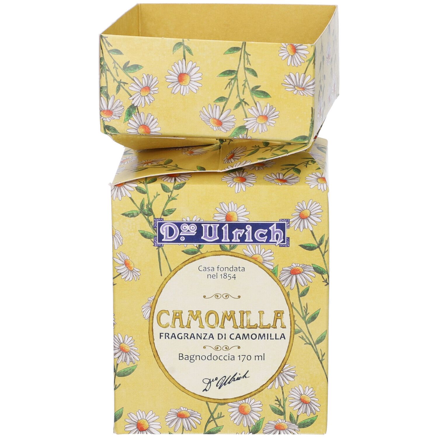 Scatola gialla con motivo floreale di camomilla. Scritta: D. Ulrich, Camomilla, Bagnodoccia 170 ml.