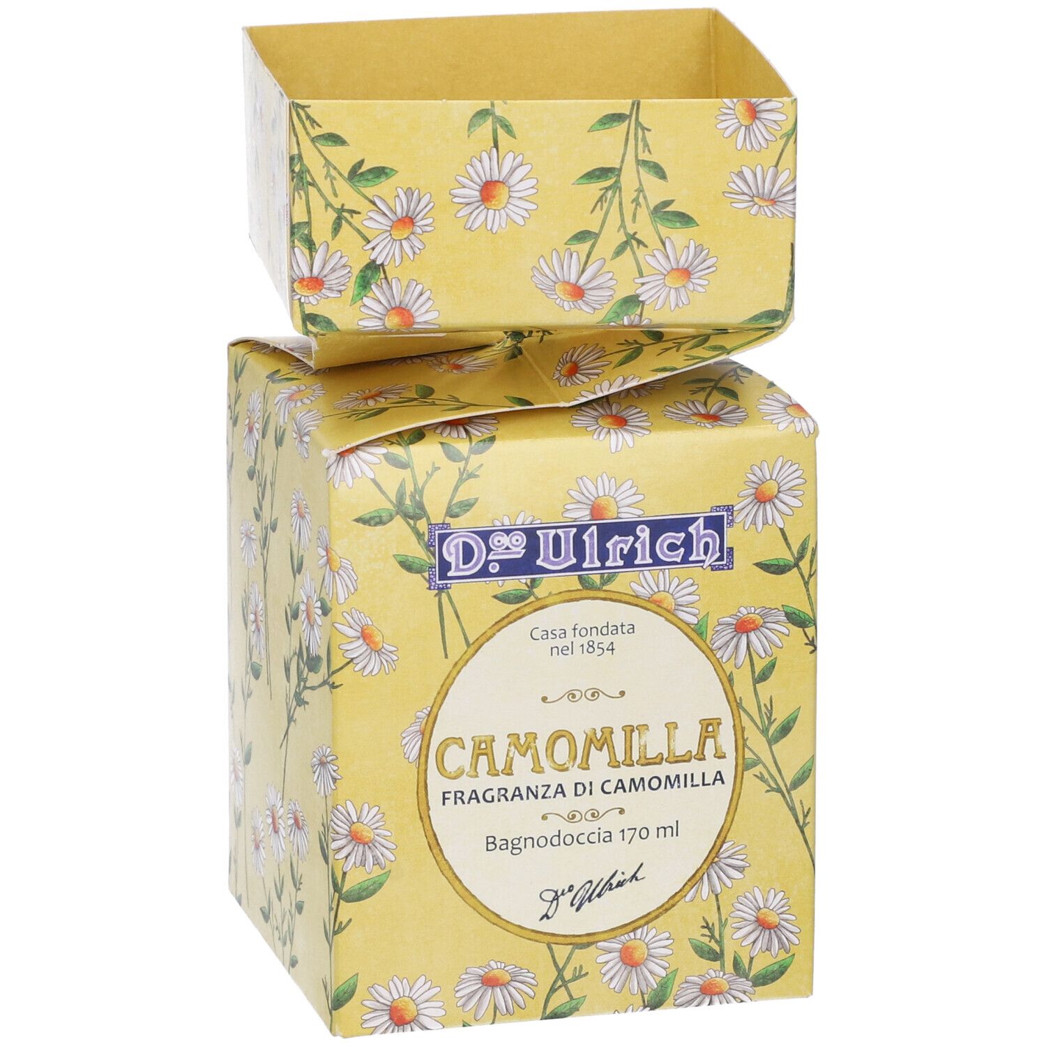 Scatola gialla con motivo floreale di camomilla. Scritta: D. Ulrich, Camomilla, Bagnodoccia 170 ml. Coperchio aperto.