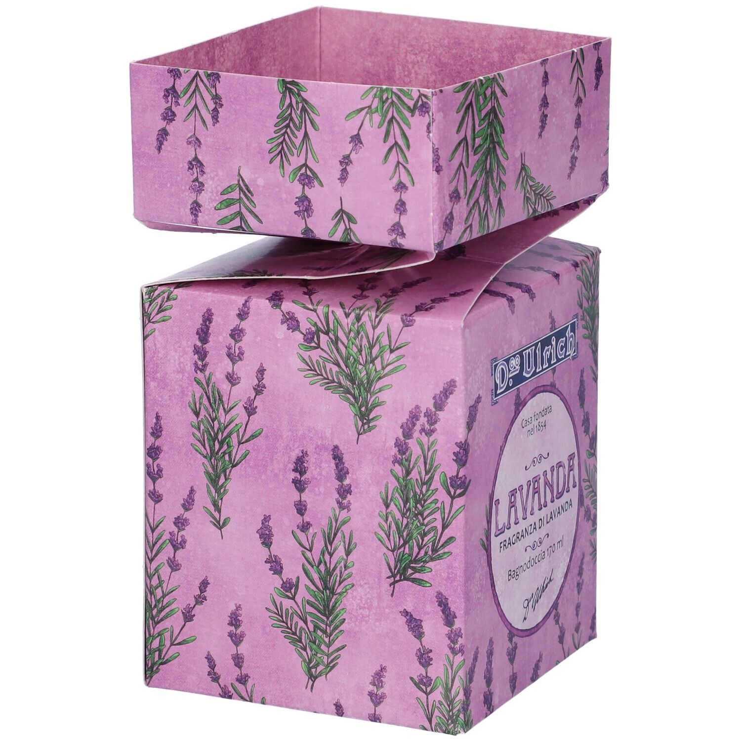 Confezione di D. Ulrich Lavanda, lilla con motivo lavanda. Scatola aperta sopra, sotto scatola quadrata con nome del prodotto.