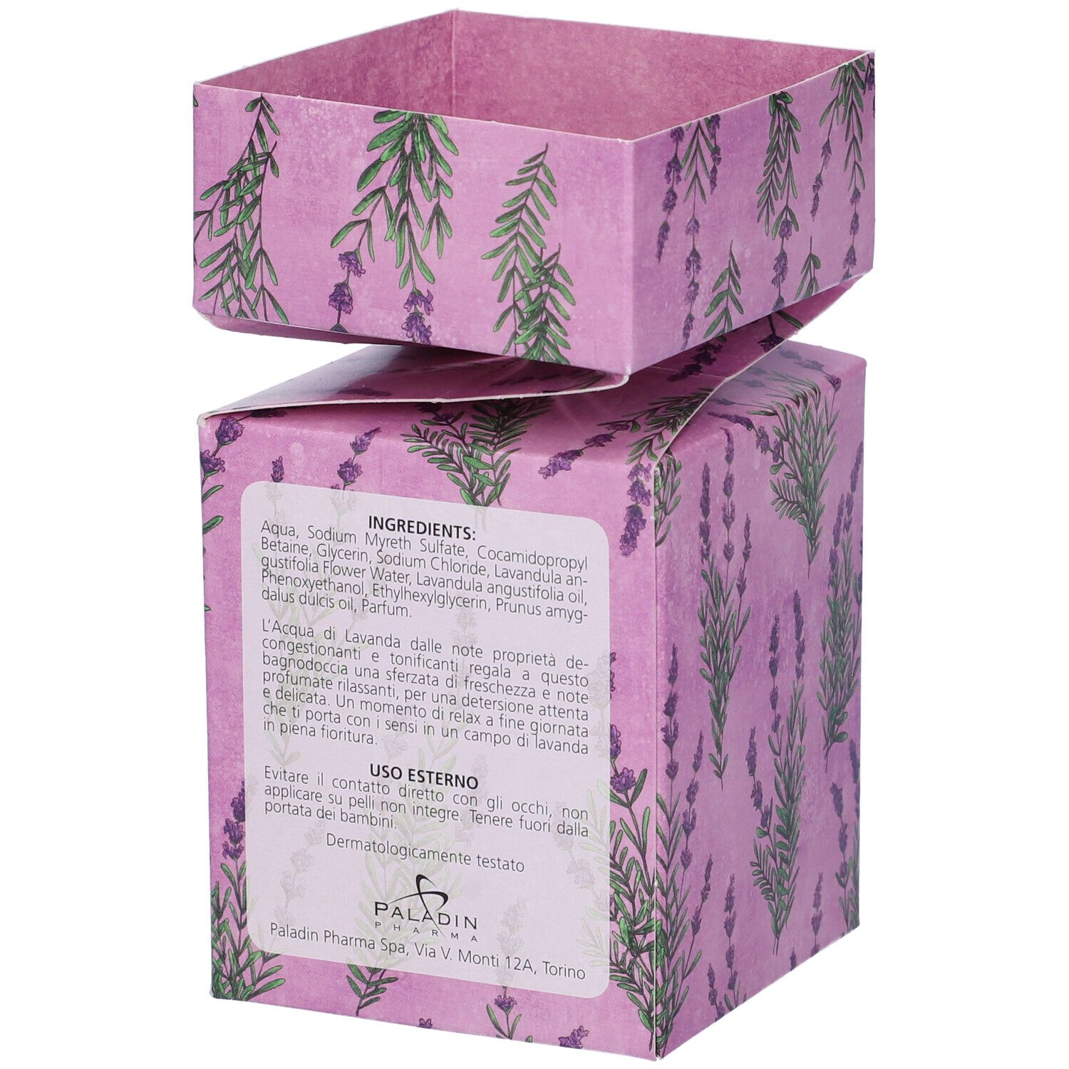 Retro della confezione D. Ulrich Lavanda. Lista ingredienti, istruzioni per l'uso e informazioni del produttore visibili.