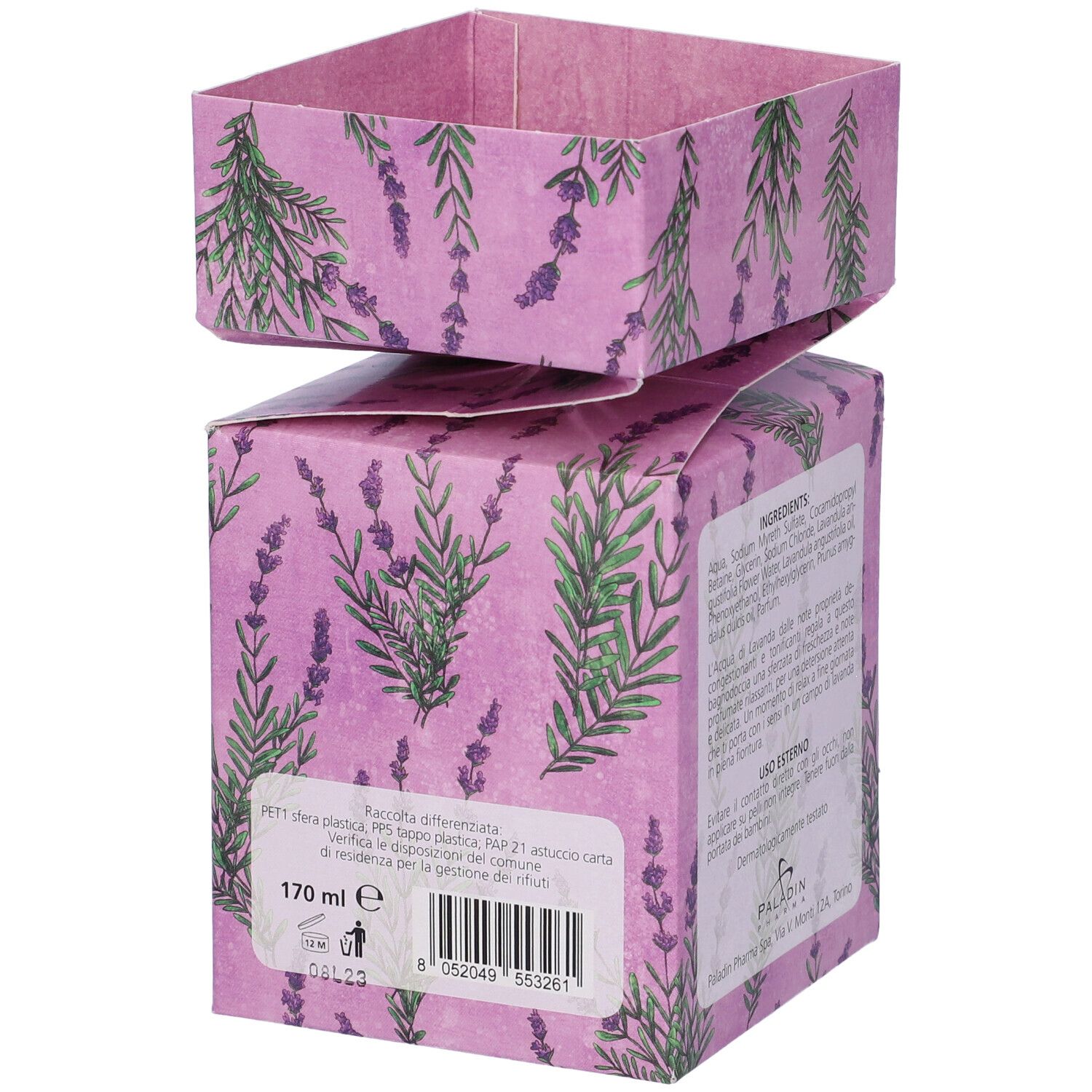 Retro della confezione D. Ulrich Lavanda. Informazioni su ingredienti, riciclo e produttore.