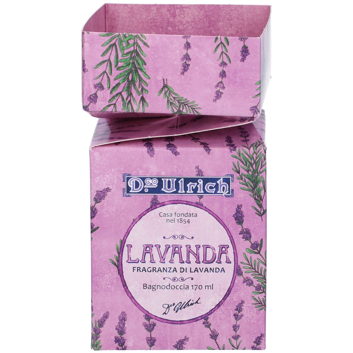 Confezione di D. Ulrich Lavanda, lilla con motivo lavanda. Scatola quadrata con nome del prodotto e logo.