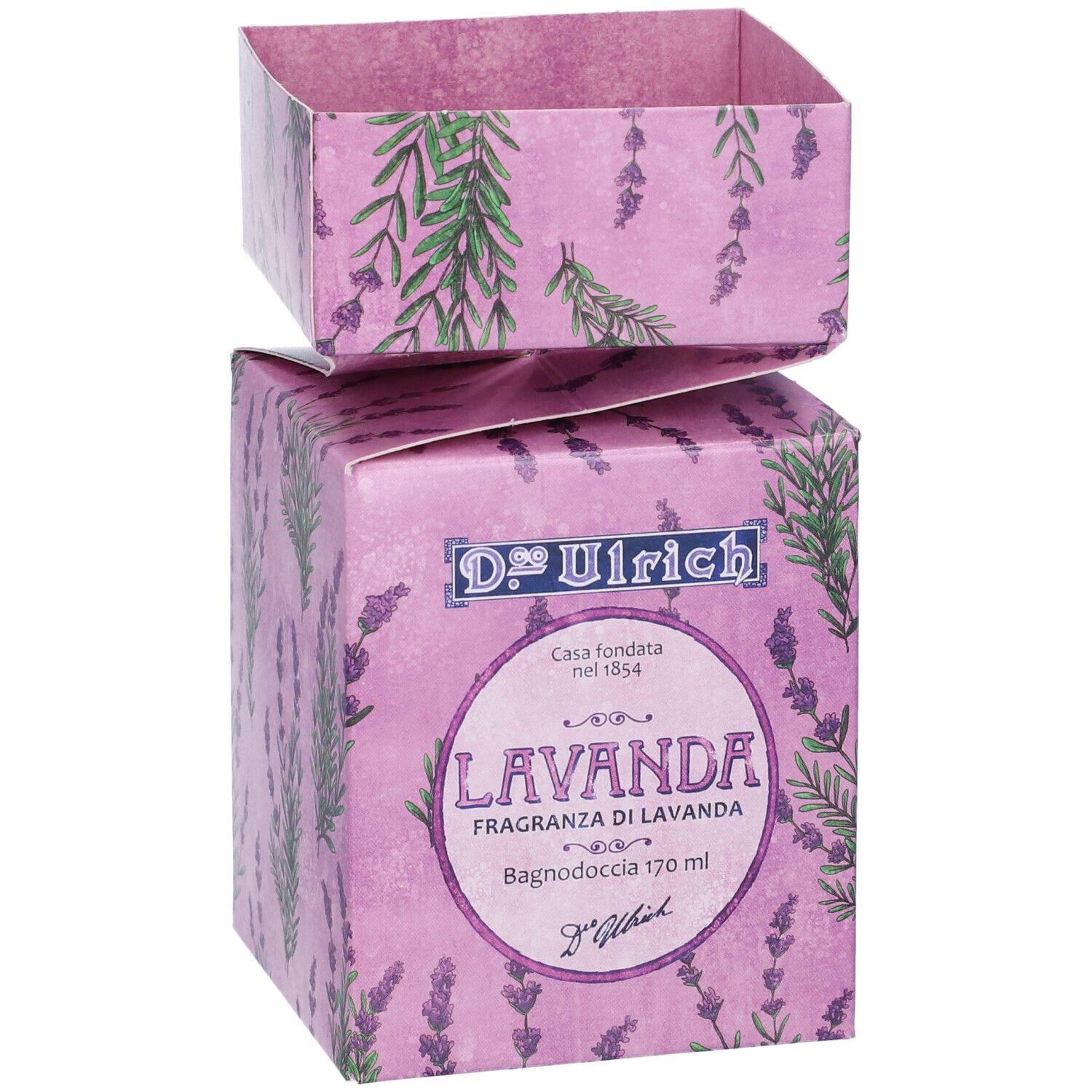 Confezione di D. Ulrich Lavanda, lilla con motivo lavanda. Scatola quadrata con nome del prodotto e logo.