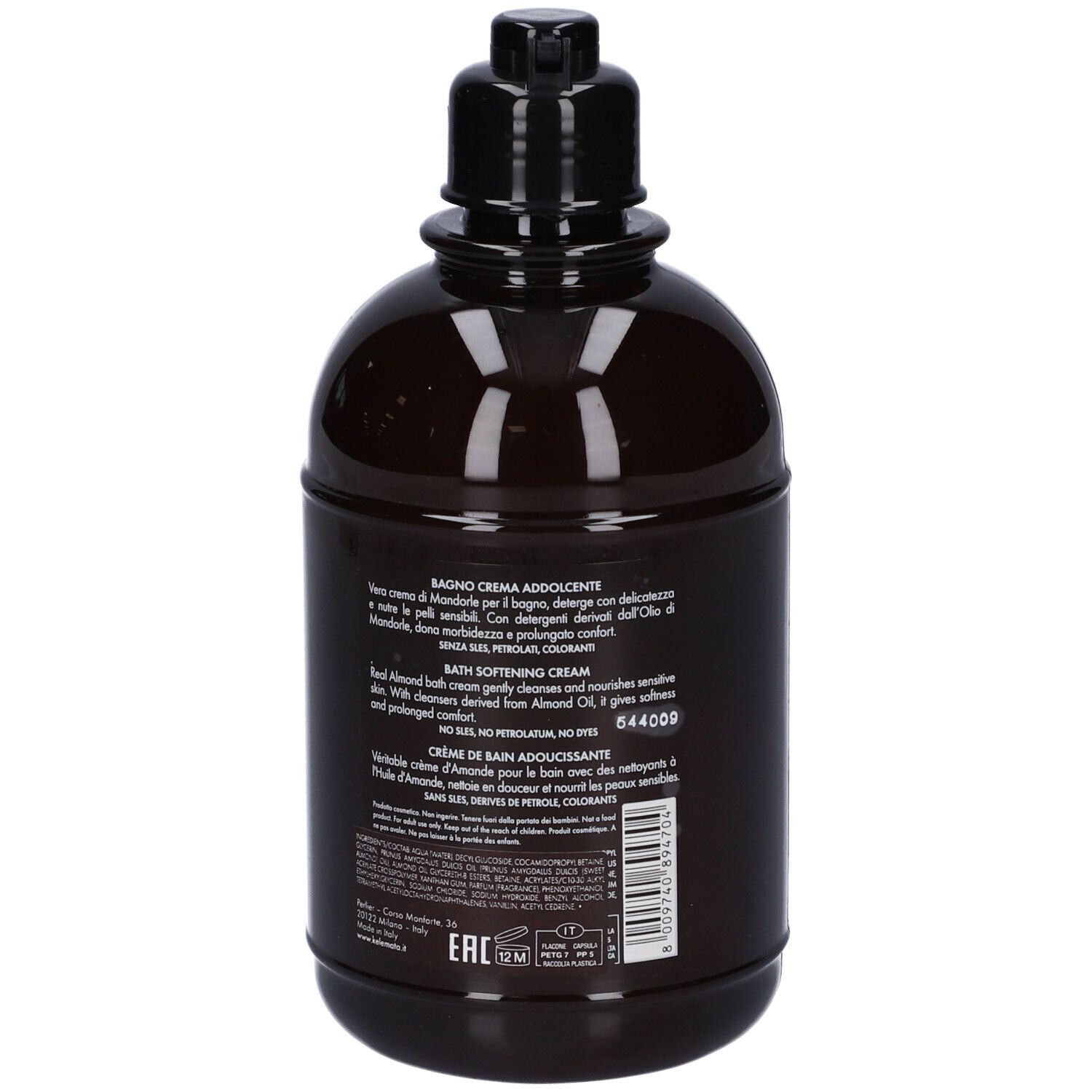 Flacone marrone di prodotto da bagno, con erogatore nero. Etichettatura multilingue.