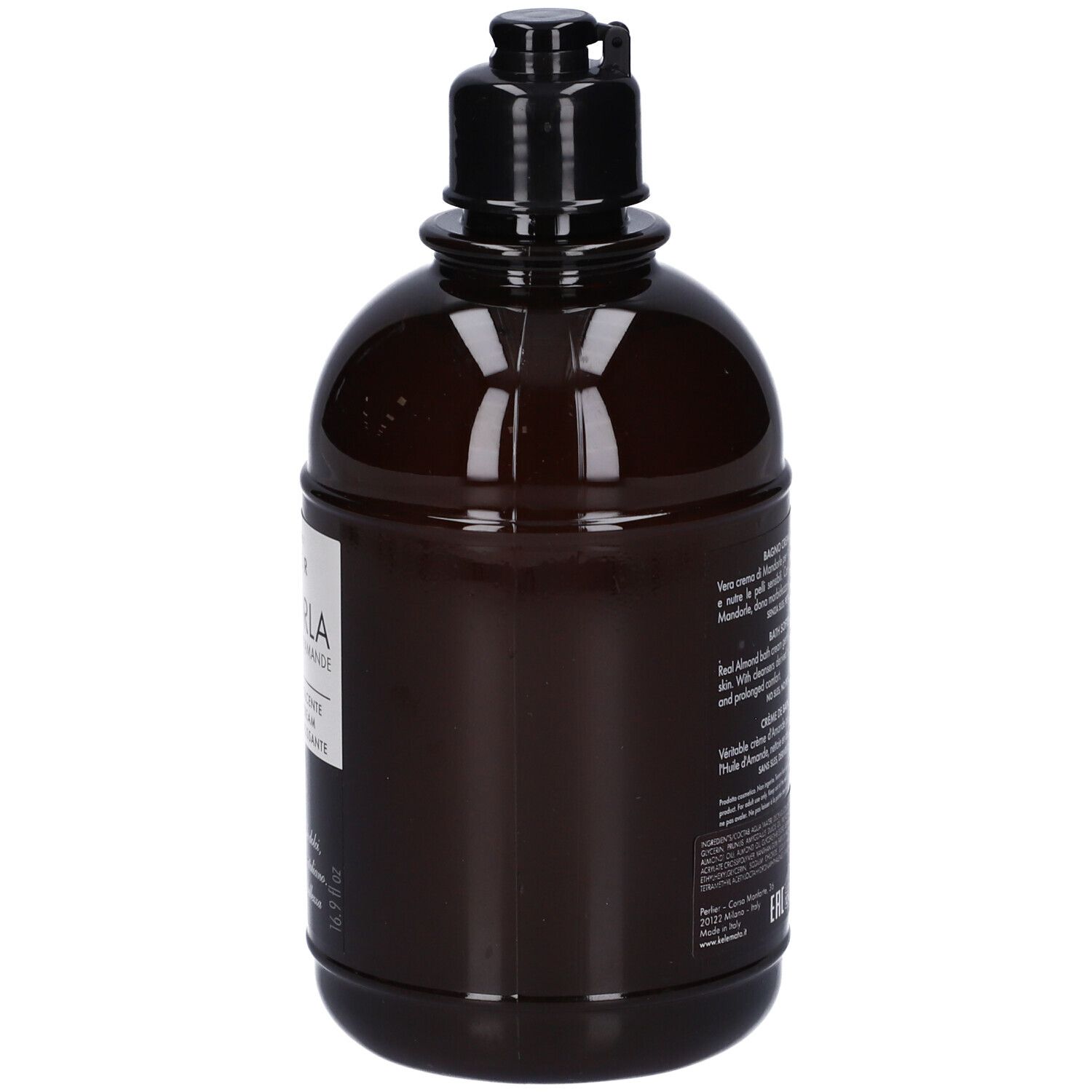 Flacone marrone con dispenser e lozione Perlier Mandorla.