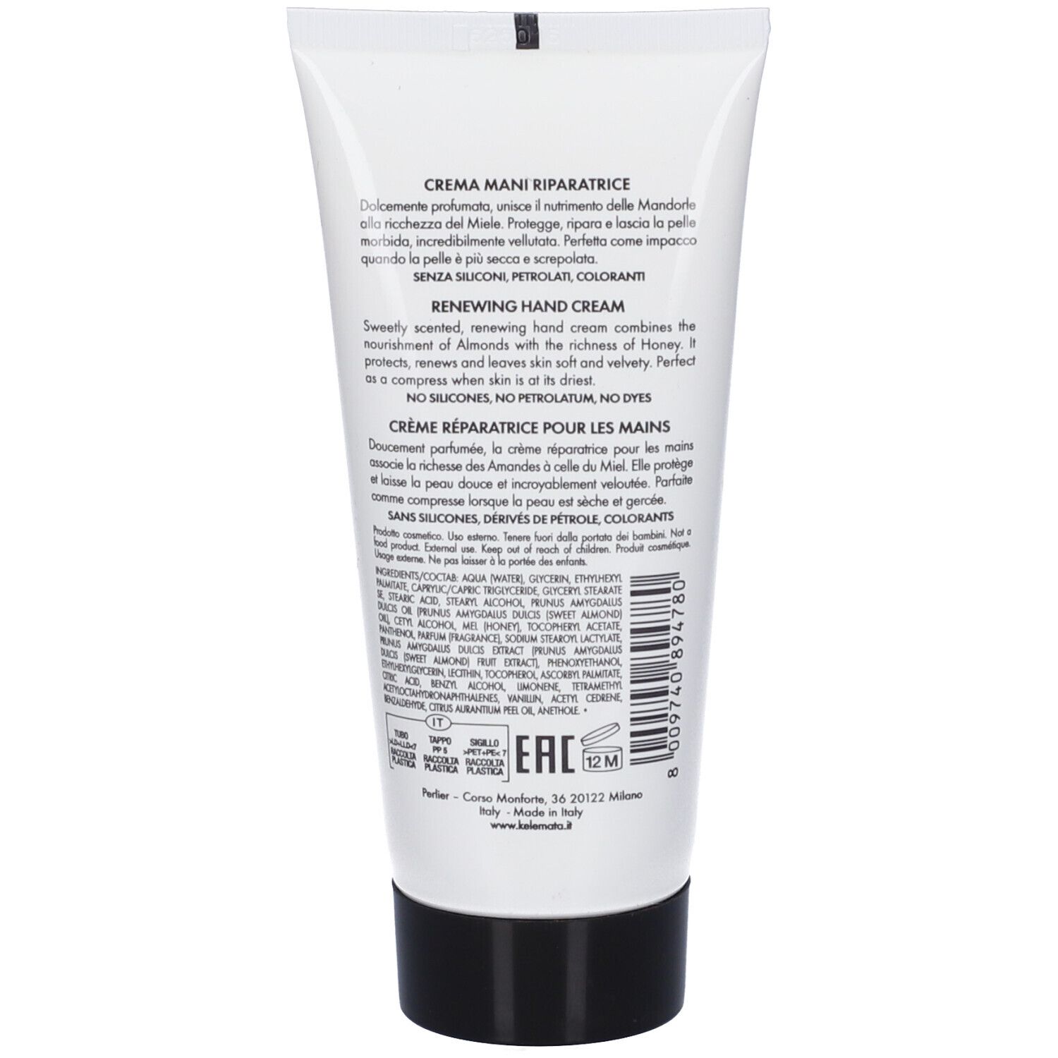 Perlier Crema mani: Tubo bianco con tappo nero, 500 ml.
