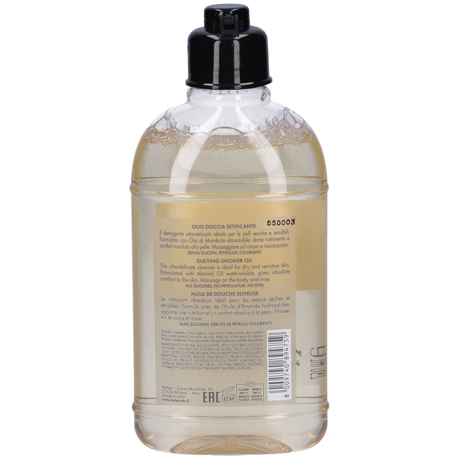 Flacone olio doccia con etichetta.
