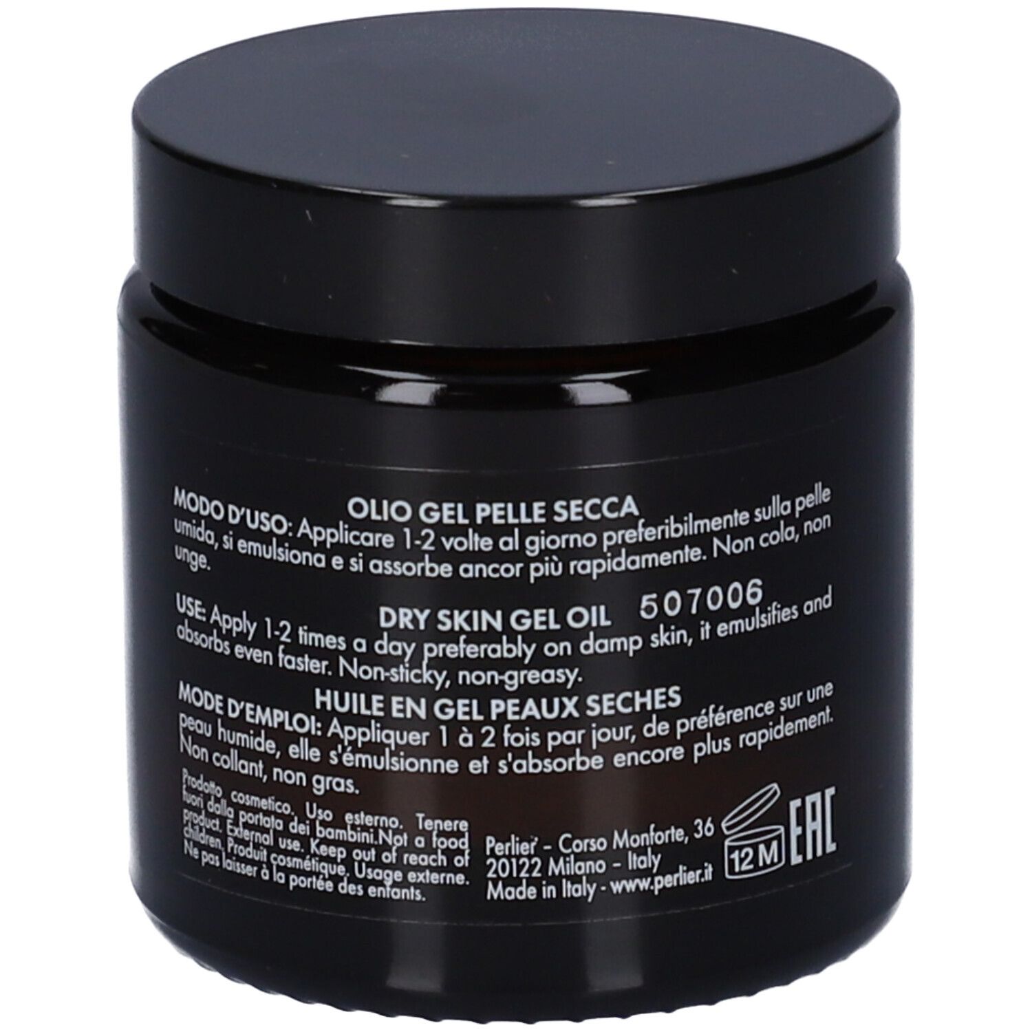 Vasetto in vetro nero con etichetta per "Olio Gel Pelli Secche".