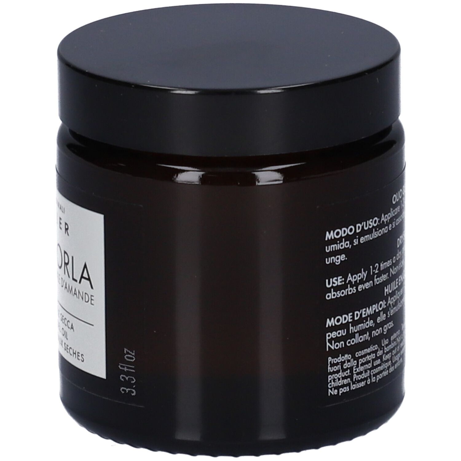Vasetto in vetro ambrato con tappo nero, 3.3 fl oz.