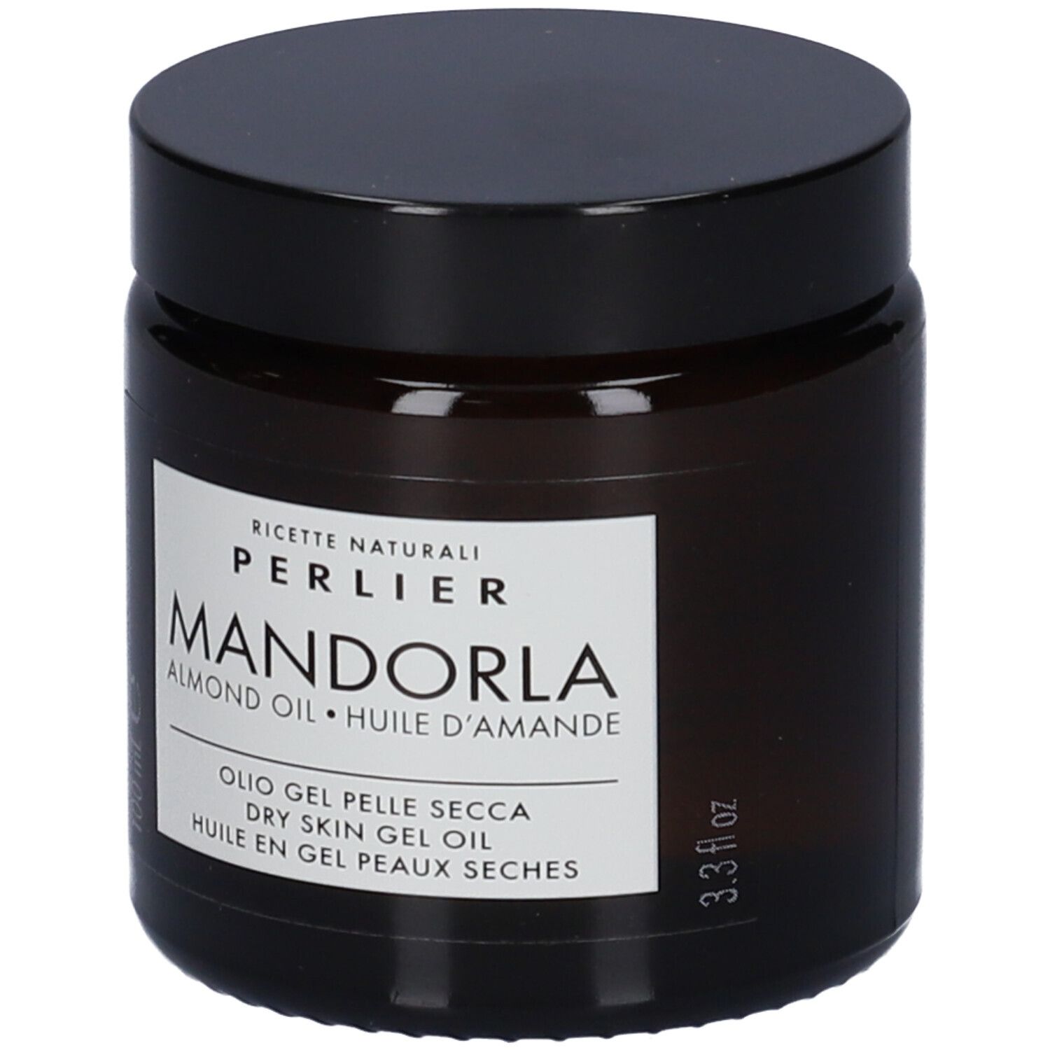 Olio per pelli secche Perlier Mandorla 100ml in flacone di vetro marrone.