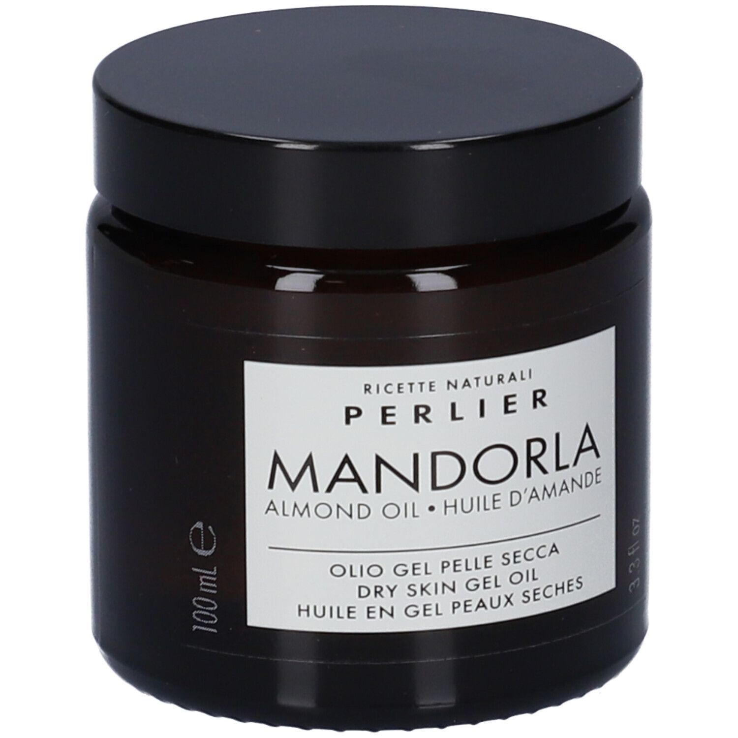 Perlier Mandorla Olio Gel per pelli secche in barattolo di vetro marrone con tappo nero.