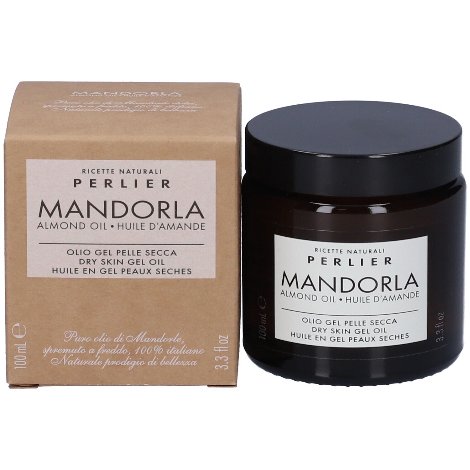 Confezione in cartone marrone e vasetto in vetro con Perlier Mandorla crema corpo, 100ml.
