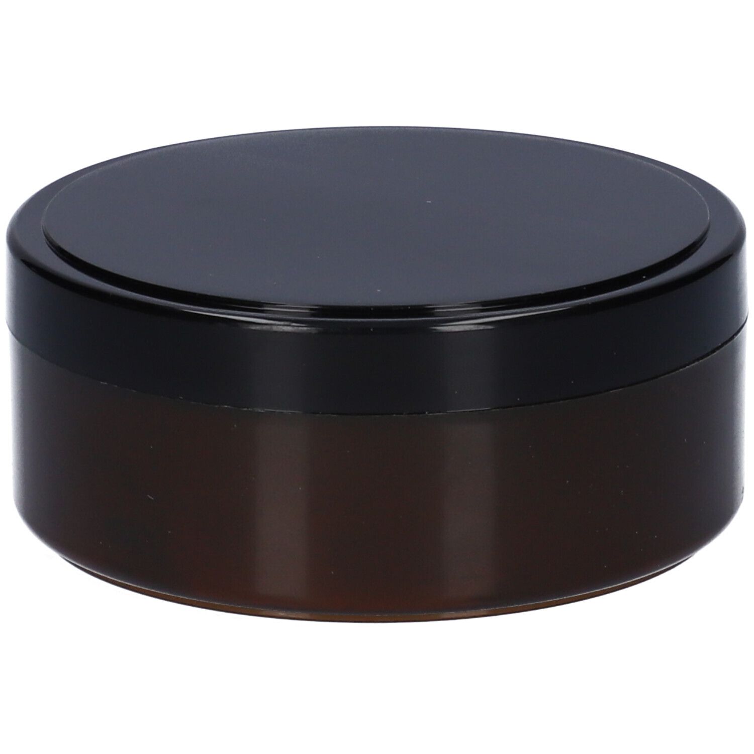 Vasetto marrone con coperchio nero, prodotto cosmetico.