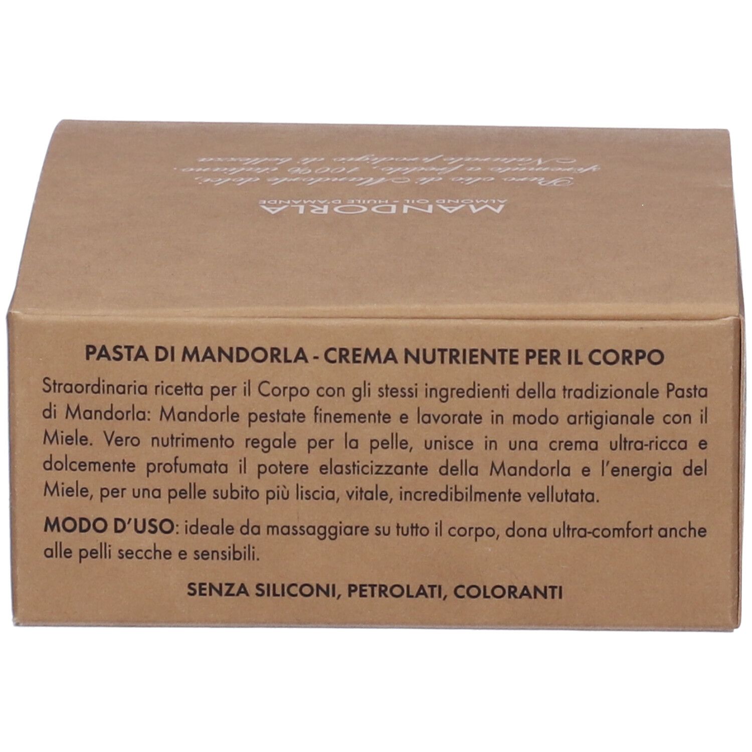 Scatola in cartone marrone con testo su crema corpo alla mandorla e miele. Senza siliconi, petrolati, coloranti.