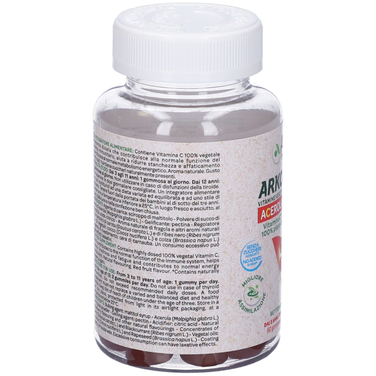 Retro del flacone Arkovital Acerola Gummies. Testo in italiano. Contiene informazioni sugli ingredienti e l'uso.