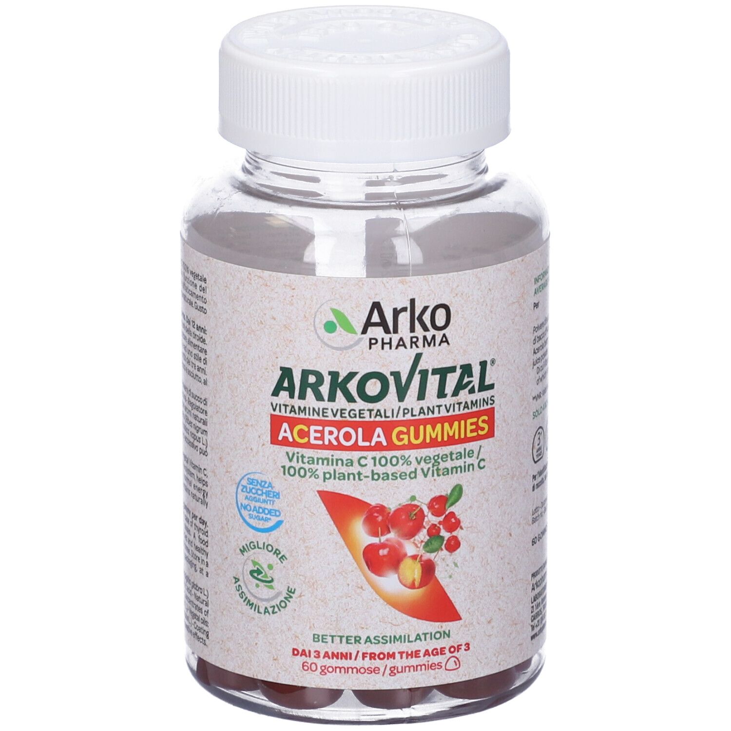 Arkovital Acerola Gummies. Flacone trasparente con tappo bianco. Caramelle rosse e gialle. Scritta: Acerola Gummies, vitamina C.