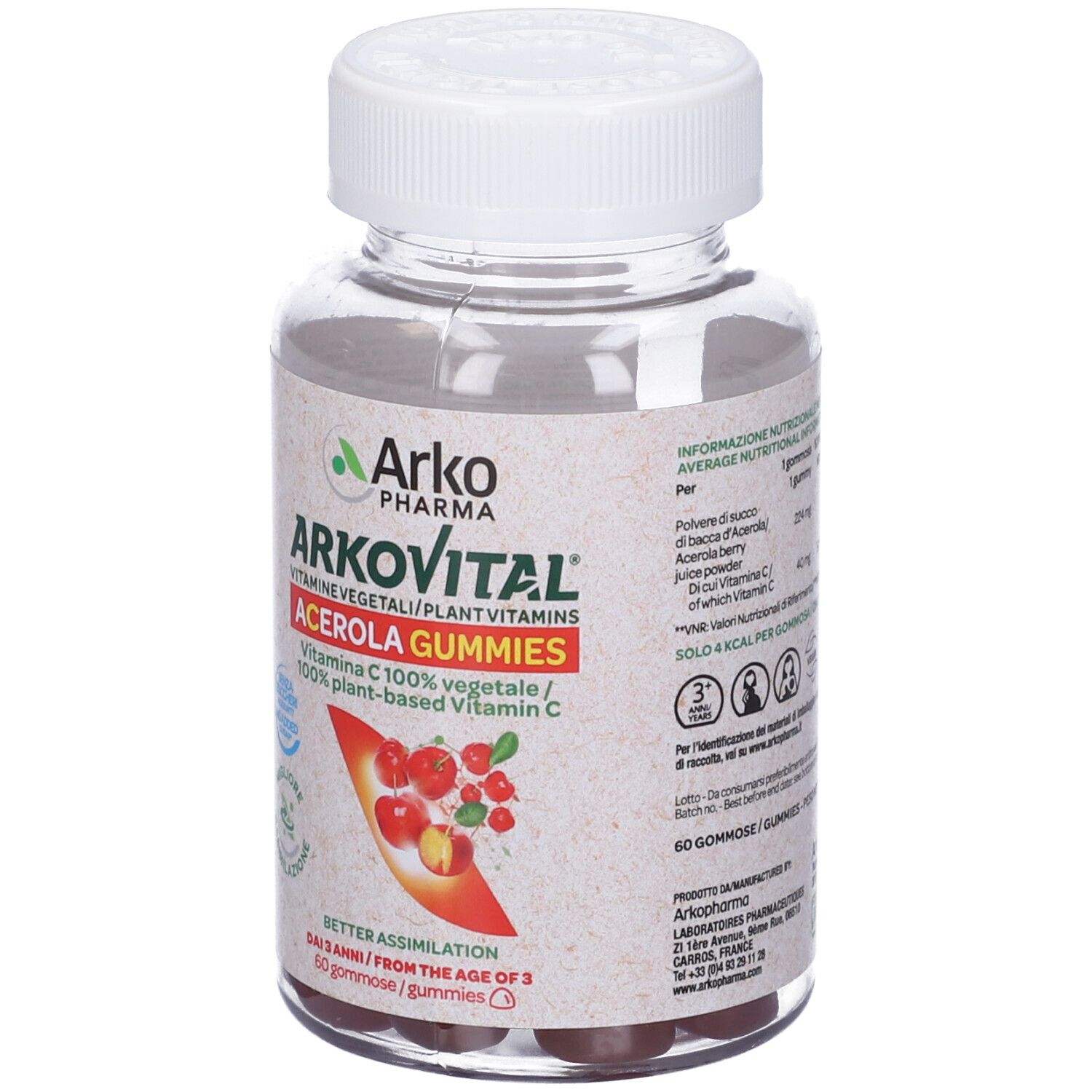 Arkovital Acerola Gummies. Flacone trasparente con tappo bianco. Caramelle rosse e gialle. Scritta: Acerola Gummies, vitamina C.
