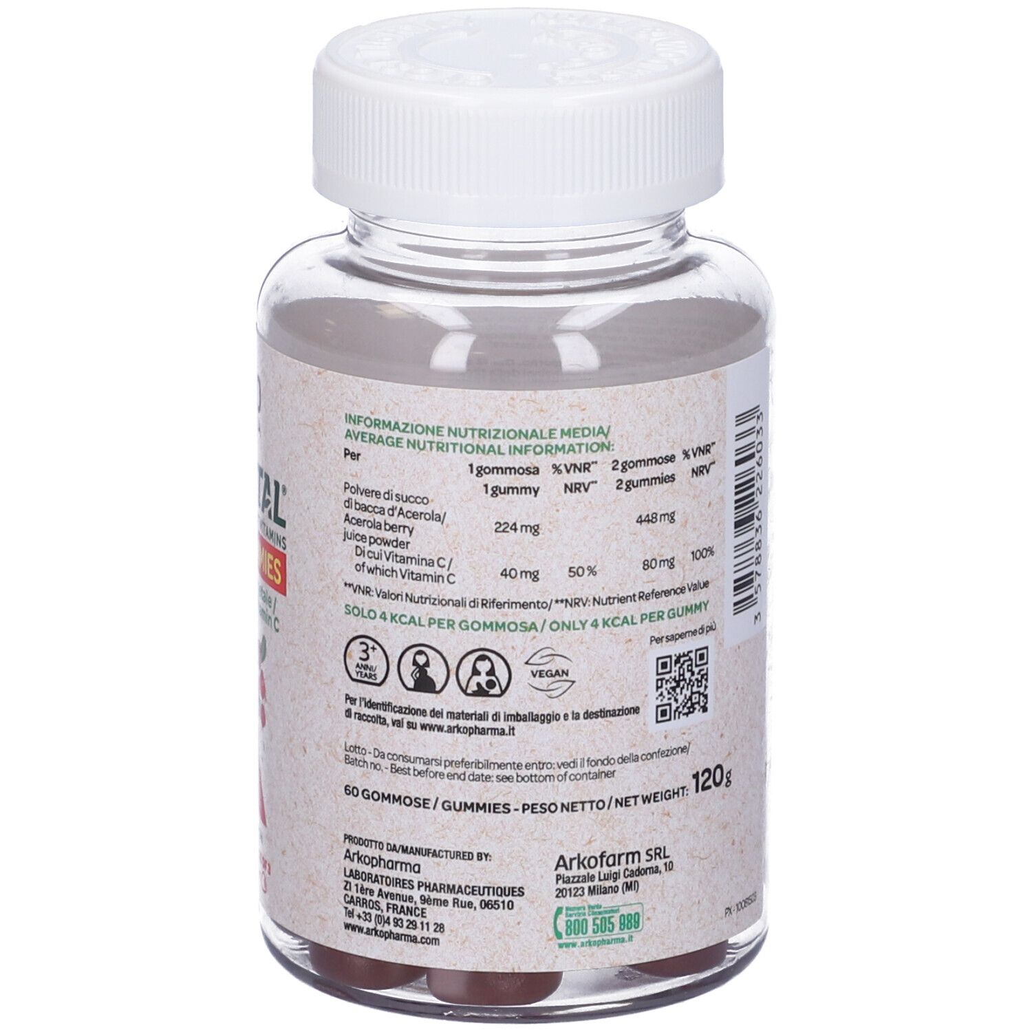 Retro del flacone Arkovital Acerola Gummies. Contiene informazioni nutrizionali, ingredienti e dati del produttore.