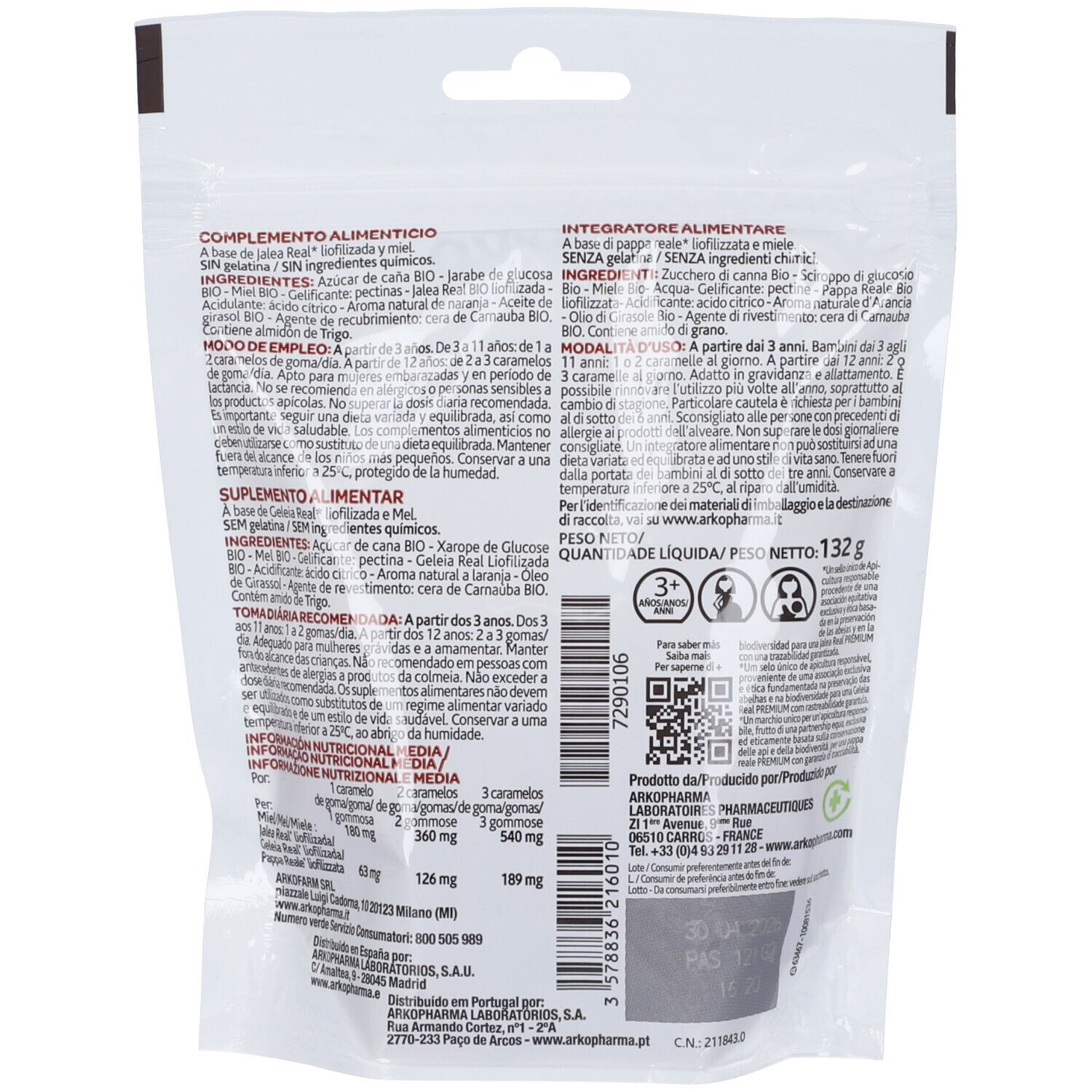 Retro della confezione di Arkoreal Gummies Familia Bio. Testo multilingue. Informazioni su ingredienti e utilizzo.